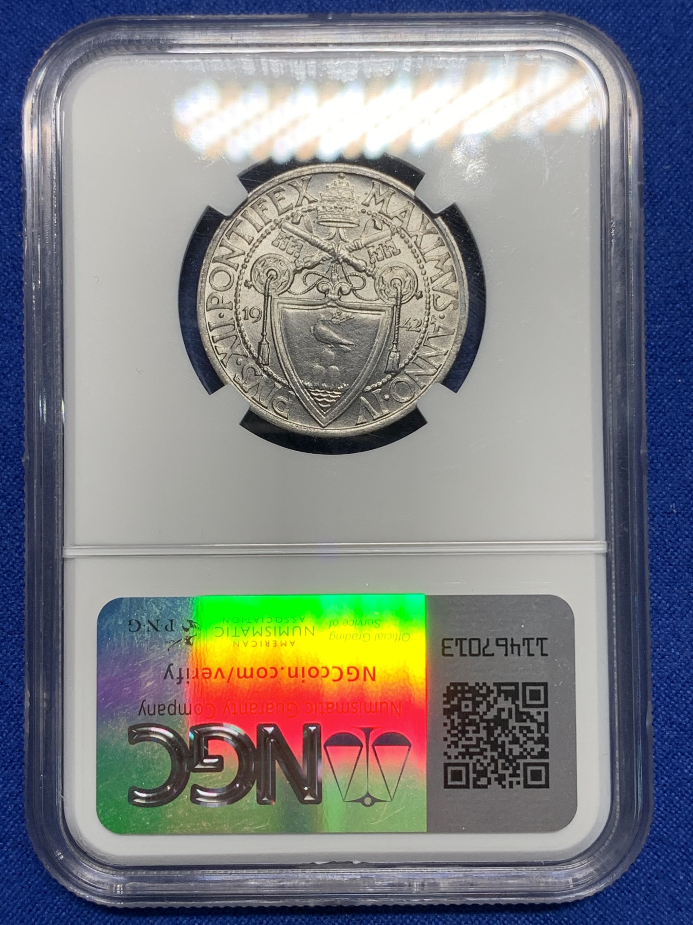 《竞宝斋》第225场-周日，周一，周二 3场 (全场包邮) NGC-MS66 梵蒂冈1942年1里拉镍币，亚军分高分，喜欢的不要错过了