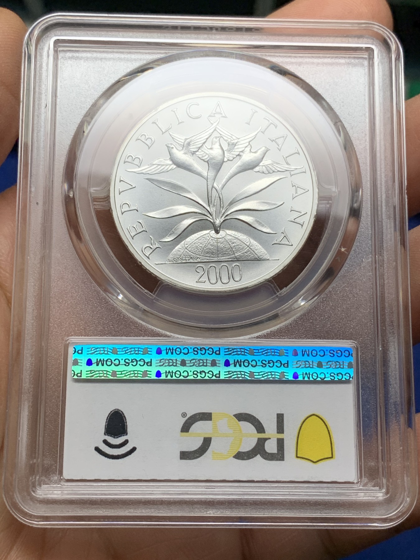 《竞宝斋》第225场-周日，周一，周二 3场 (全场包邮) PCGS-MS68 意大利2000年 10000里拉银币 张开双臂的人