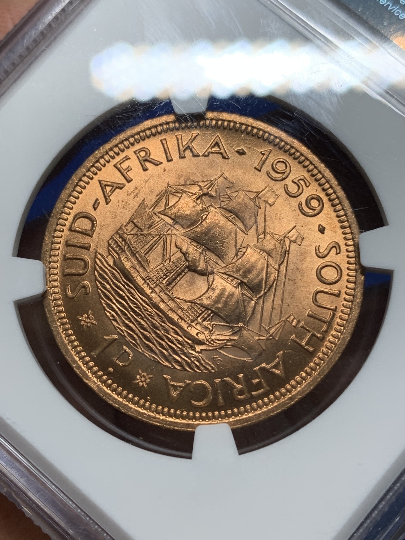 《竞宝斋》第225场-周日，周一，周二 3场 (全场包邮) NGC-MS64 伊丽莎白二世1959年英属南非1便士铜币，光度好收藏一步到位