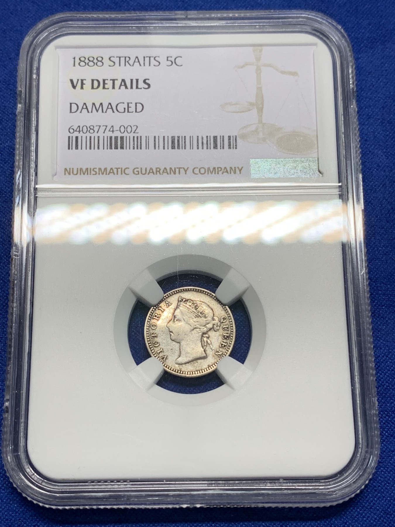 《竞宝斋》第225场-周日，周一，周二 3场 (全场包邮) NGC-VF 海峡1888年 维多利亚女王 5分银币 稀少年份