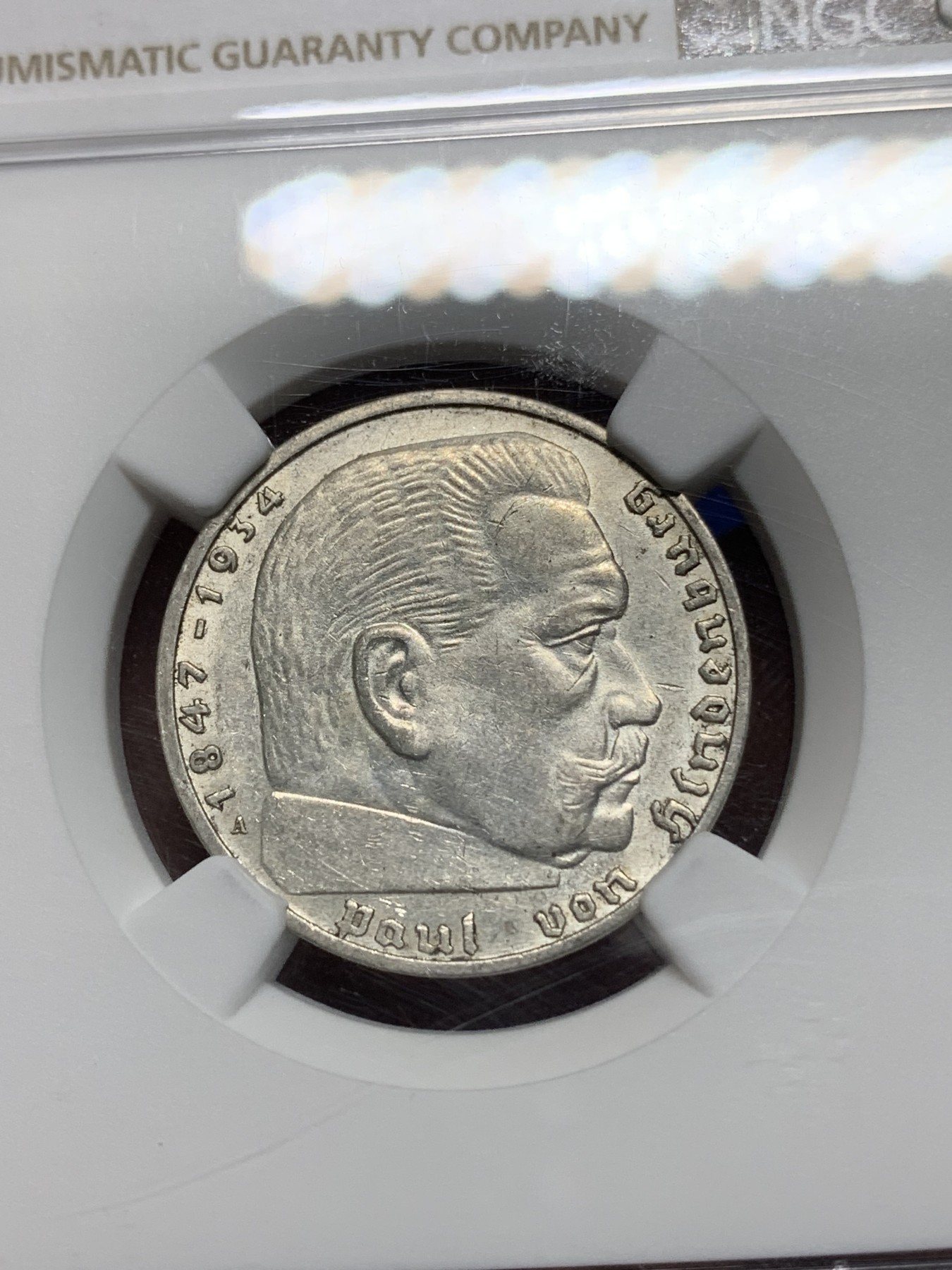 《竞宝斋》第225场-周日，周一，周二 3场 (全场包邮) NGC AU55 德国1939年A厂兴登堡2马克银币