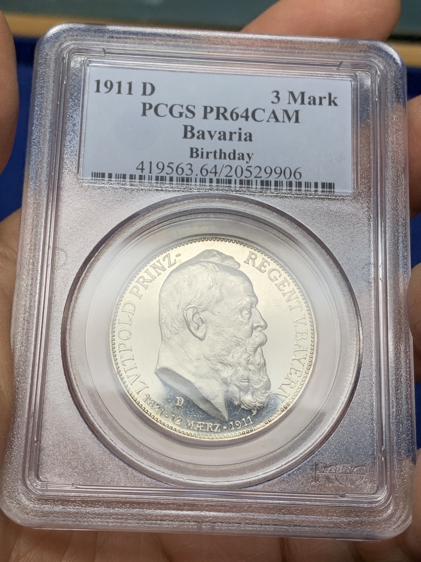 《竞宝斋》第225场-周日，周一，周二 3场 (全场包邮) PCGS-PR64CAM,德国1911年巴伐利亚纪念利奥波德90诞辰3马克精制银币，老白盒精品