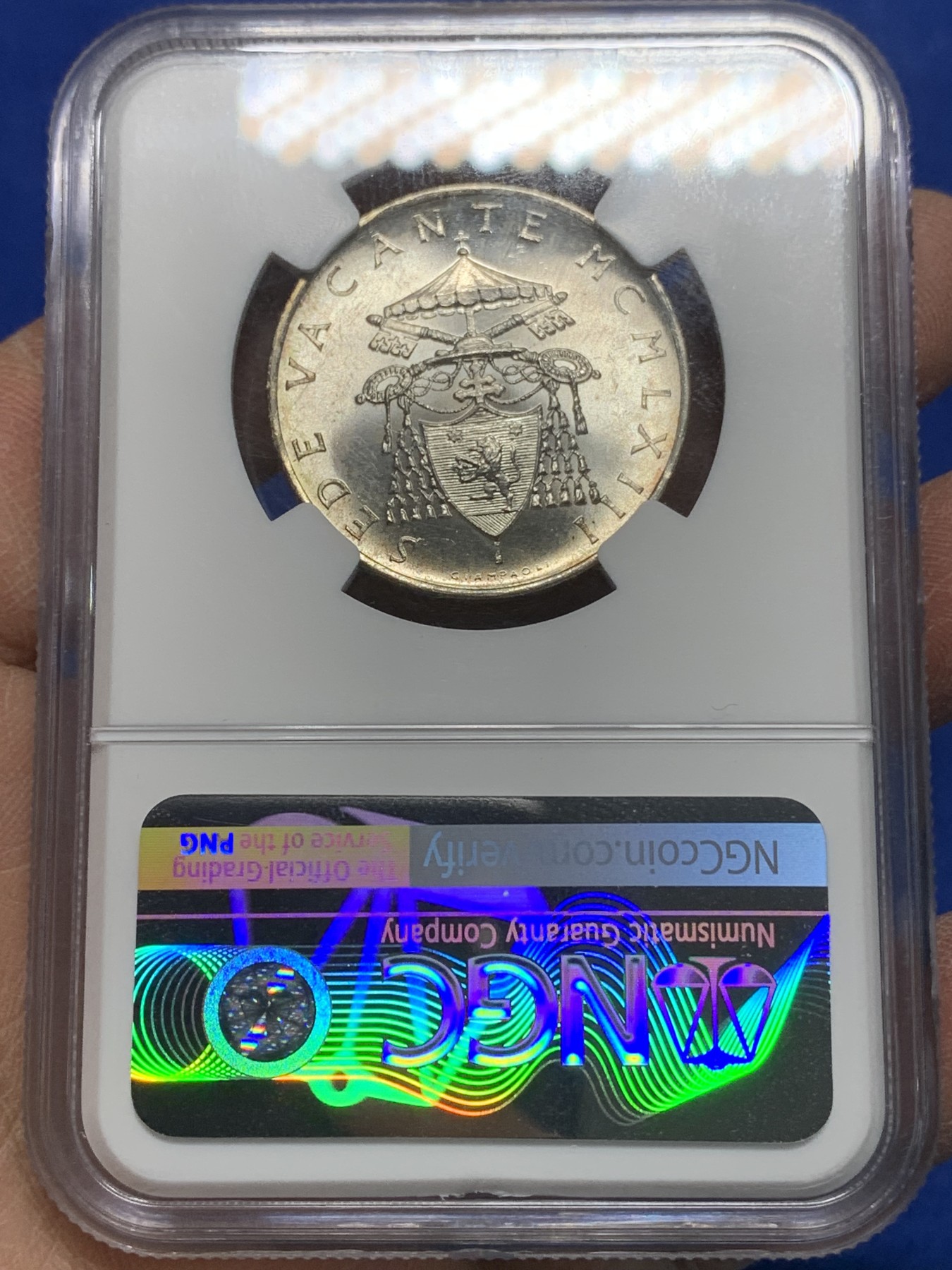 《竞宝斋》第225场-周日，周一，周二 3场 (全场包邮) NGC-MS63 梵蒂冈 1963年 500里拉教皇缺位银币 转光明显