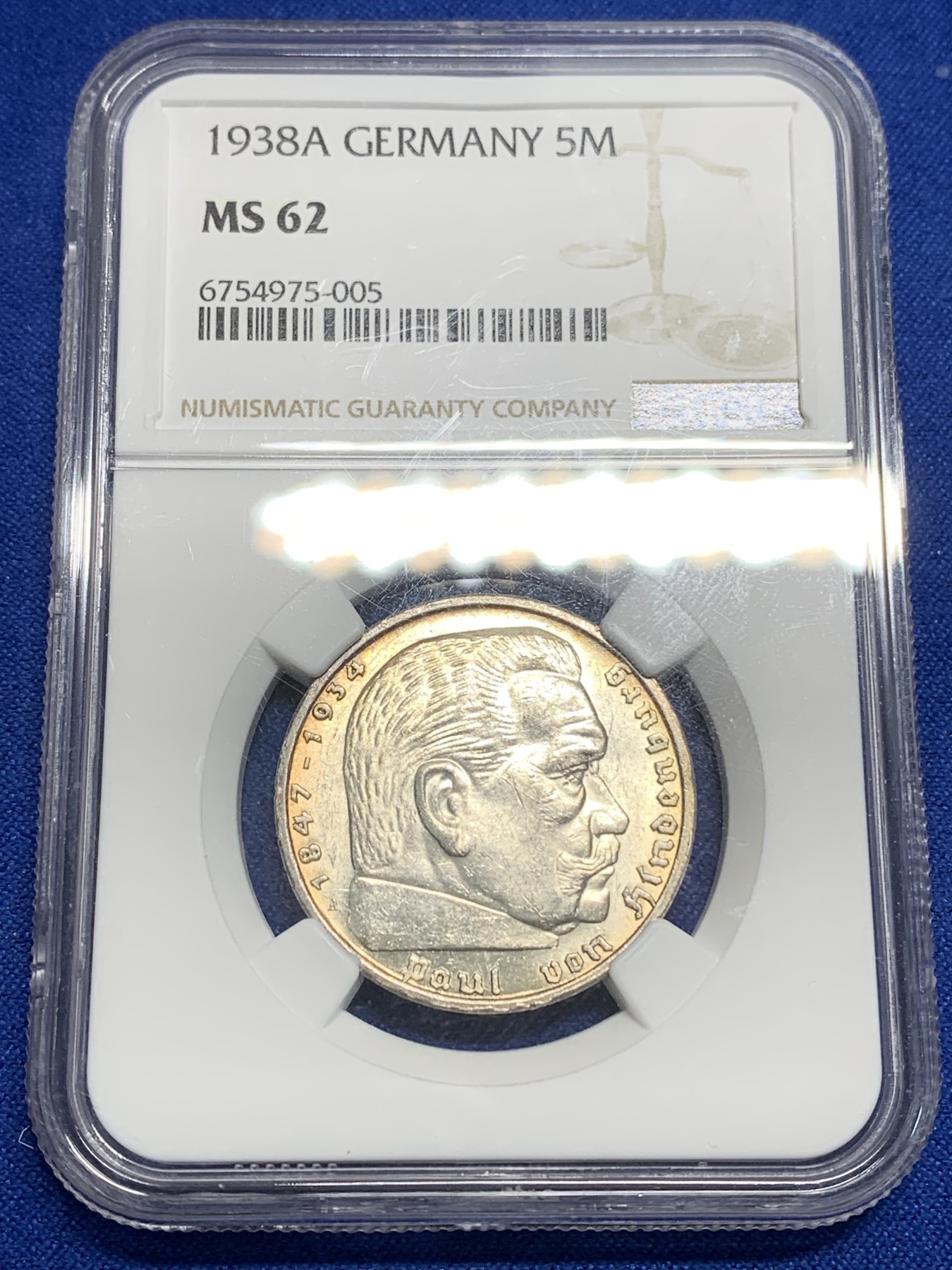 《竞宝斋》第225场-周日，周一，周二 3场 (全场包邮) NGC MS62 德国1938年A厂兴登堡5马克银币