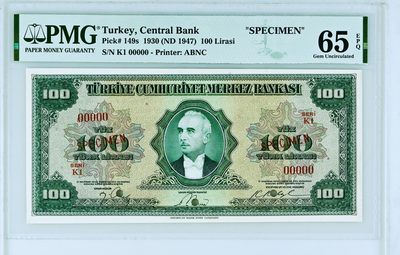 【Blue Auction】✨世界纸币精拍第407期【精】 - 土耳其 1930年100里拉 最高值 PMG65EPQ 绝品样钞 ABNC出品 雕刻非常精美 高价值 正面系土耳其第二任总统穆斯塔法 背面雕刻精美大气的如梅利堡垒（RumeIi Hisari）是全世界的军事建筑物中最美丽的杰作之一，又称之为欧洲堡垒，是苏丹麦合麦征服伊斯坦布尔时（1452年）仅用4个月建造的，如今为土耳其著名景点