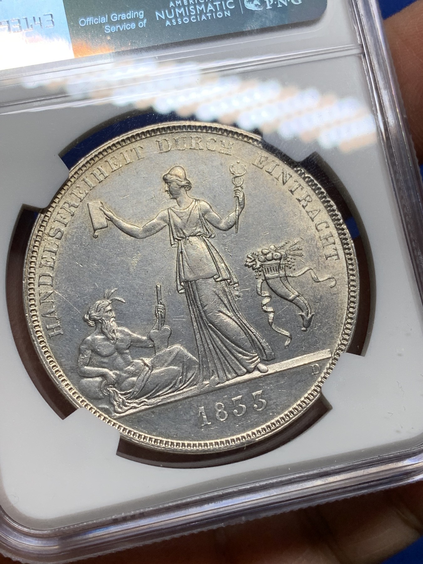 《竞宝斋》第225场-周日，周一，周二 3场 (全场包邮) NGC UNC 德国 1833年 符腾堡 威廉一世 自由贸易流通1泰勒 大银币 重29.49g的早期皇冠泰勒 UNC 性价比好