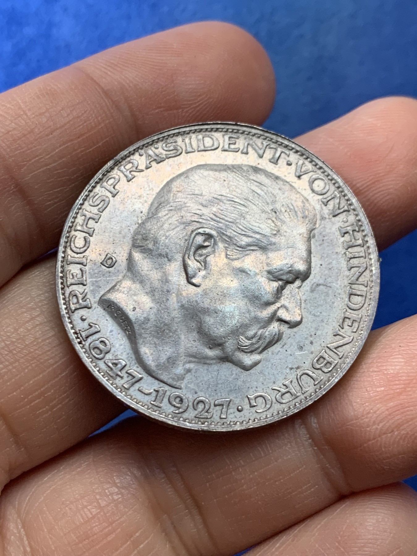 《竞宝斋》第225场-周日，周一，周二 3场 (全场包邮) 德国卡尔.哥茨1927年兴登堡总统80大寿5马克币型章