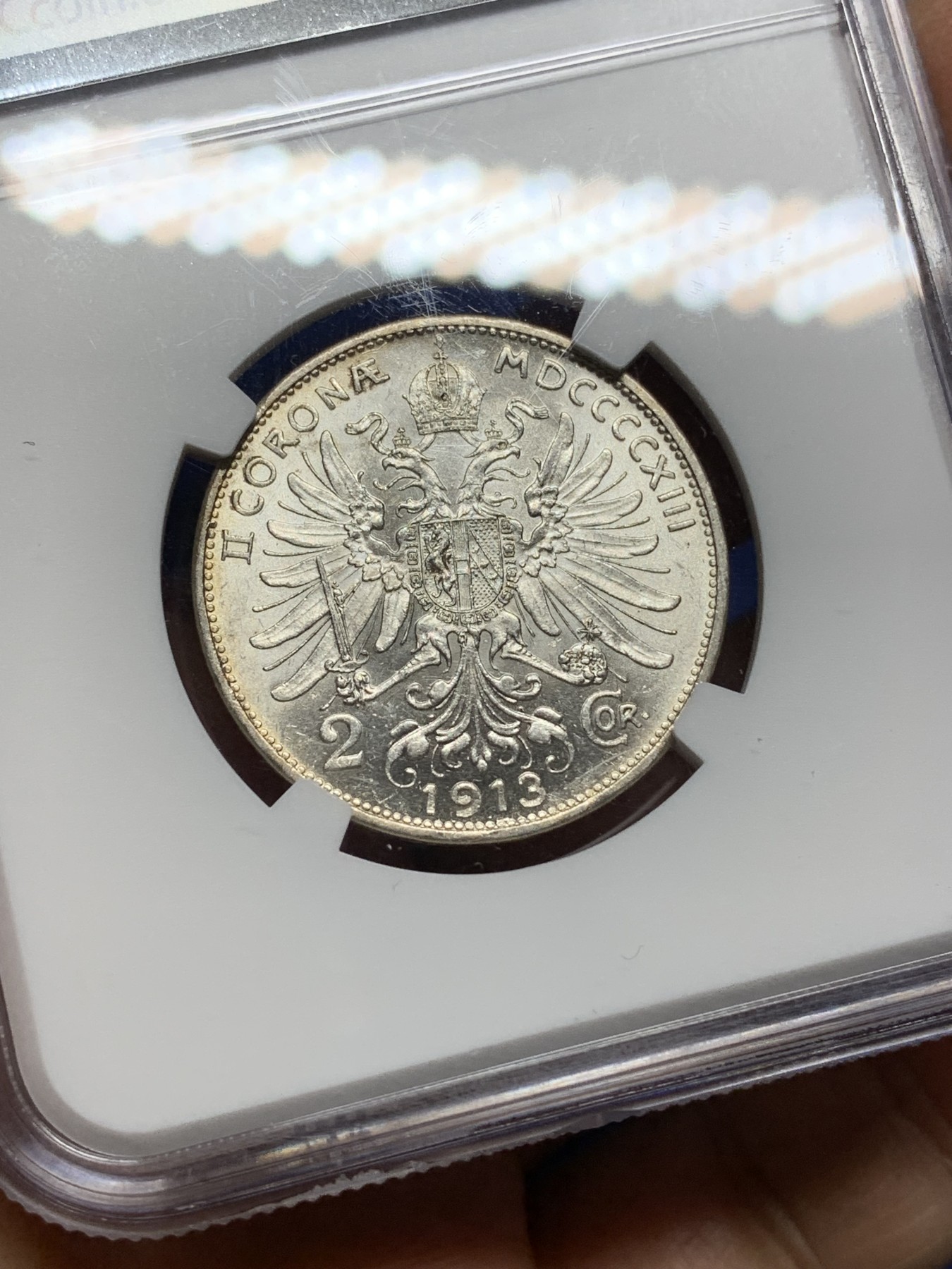 《竞宝斋》第225场-周日，周一，周二 3场 (全场包邮) NGC-MS62 奥匈帝国1913年2克朗银币 转光很好