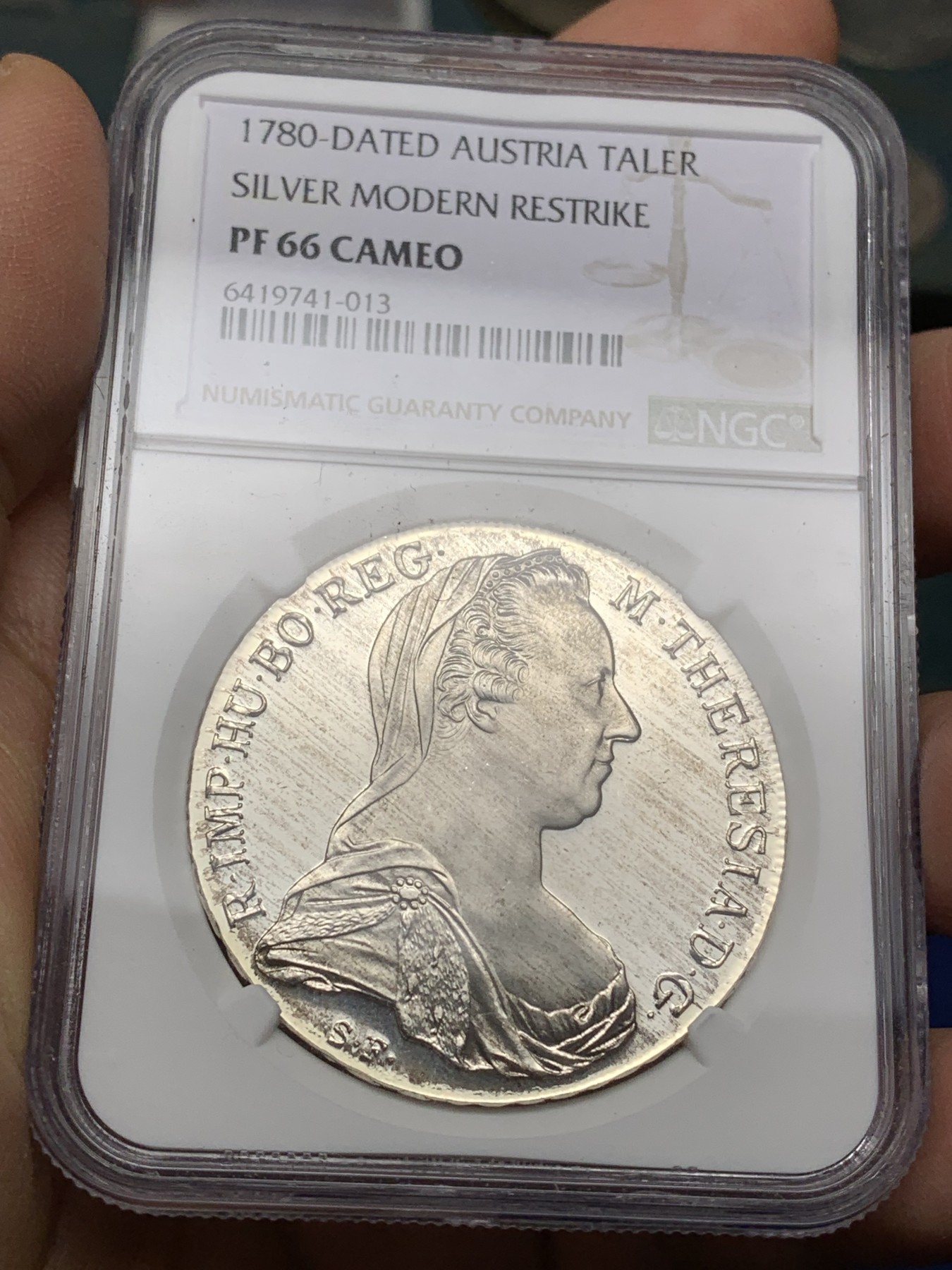 《竞宝斋》第225场-周日，周一，周二 3场 (全场包邮) NGC-PF66CAM 1780后铸版奥地利特蕾莎女皇1泰勒大银币 绒布包浆 镜面感极强