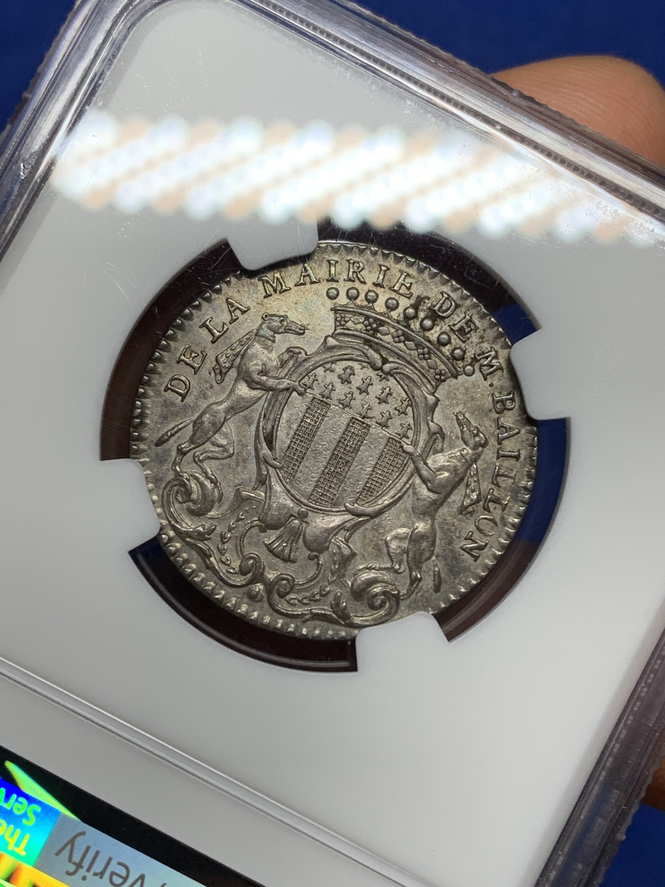 《竞宝斋》第225场-周日，周一，周二 3场 (全场包邮) NGC-AU58 法国1757年 天马盾徽 JETON 银质 非常罕见的版式