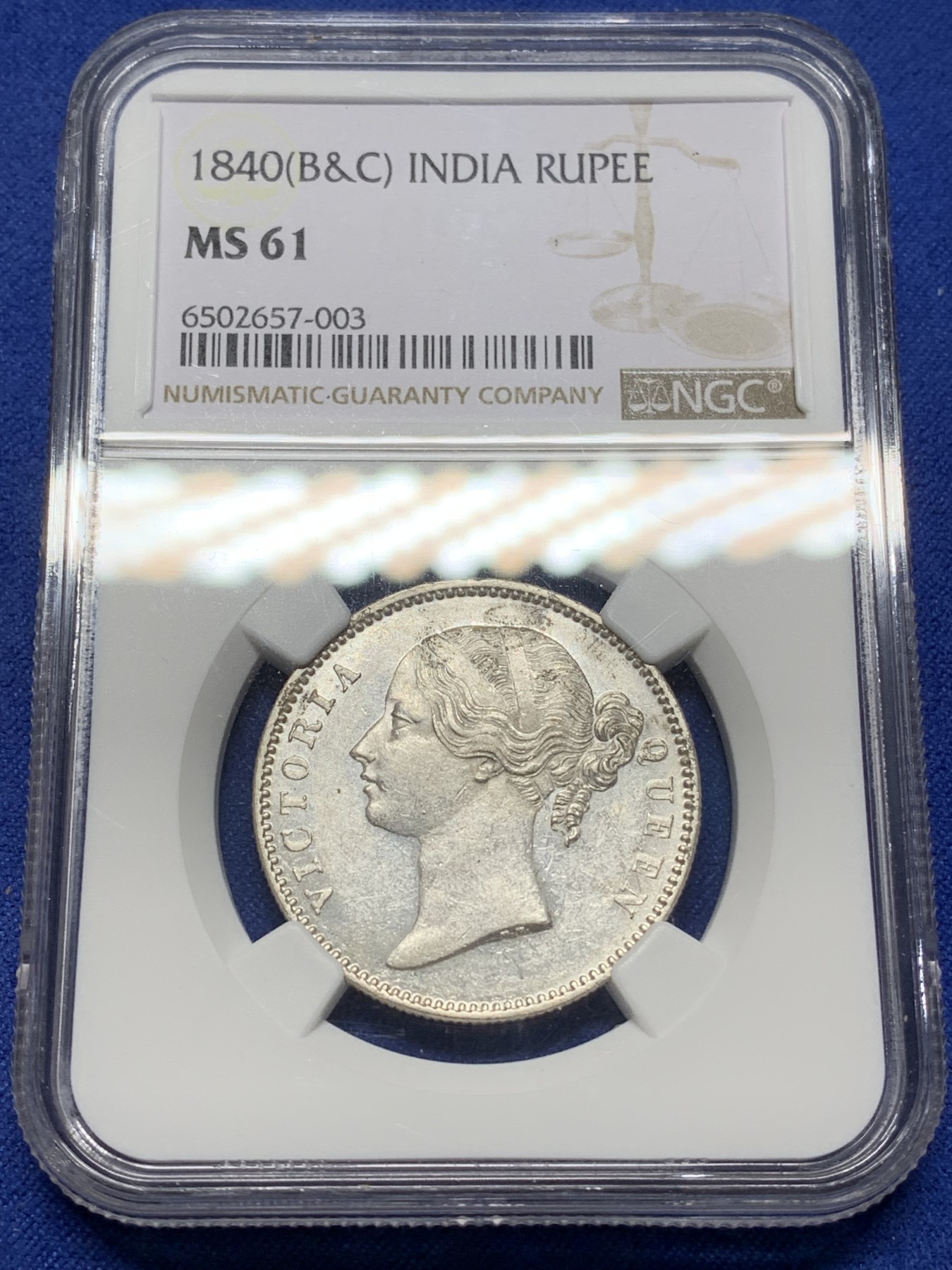 《竞宝斋》第225场-周日，周一，周二 3场 (全场包邮) NGC MS61 英属印度维多利亚1840年双辫版1卢比银币