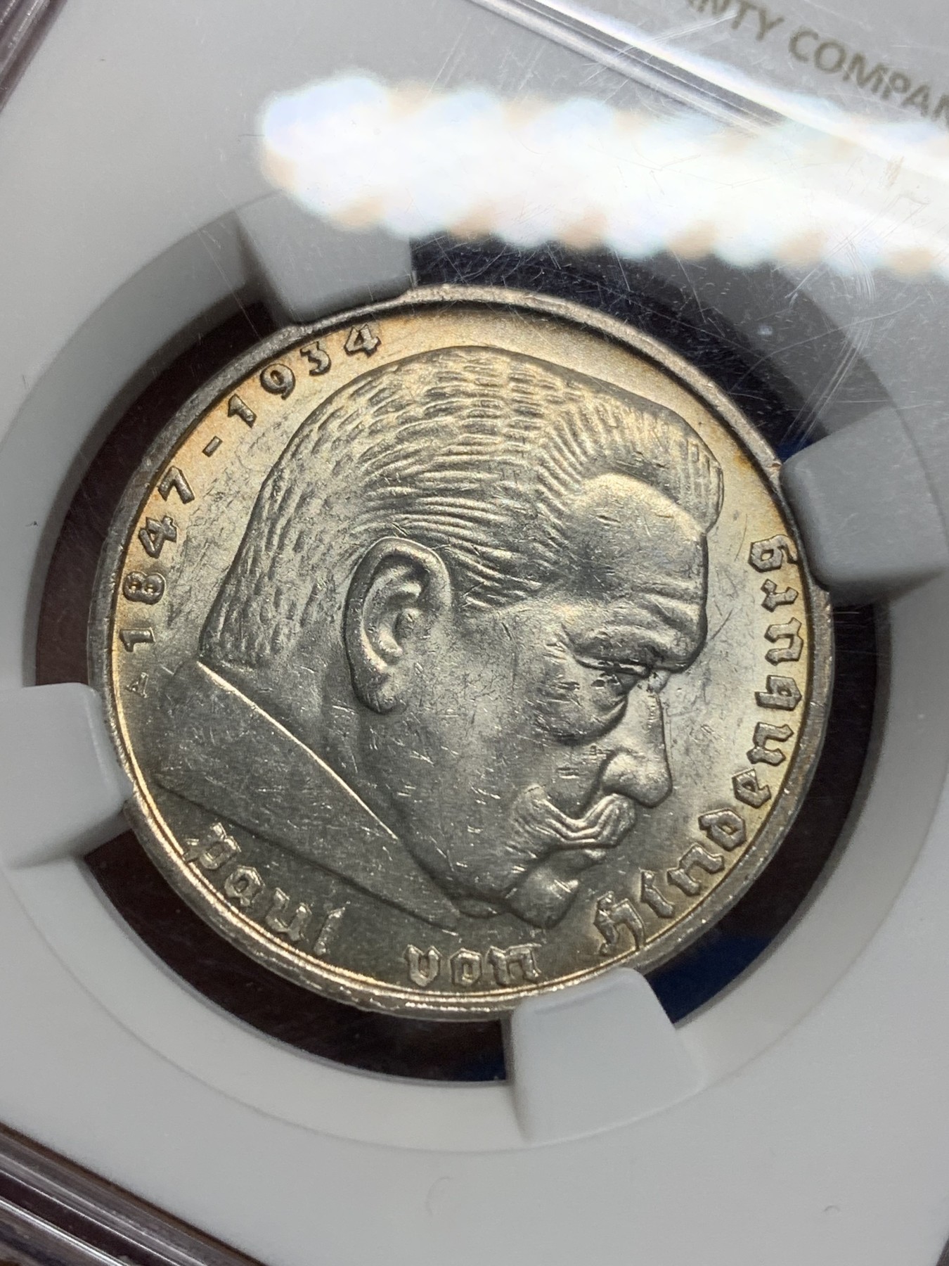 《竞宝斋》第225场-周日，周一，周二 3场 (全场包邮) NGC MS62 德国1938年A厂兴登堡5马克银币