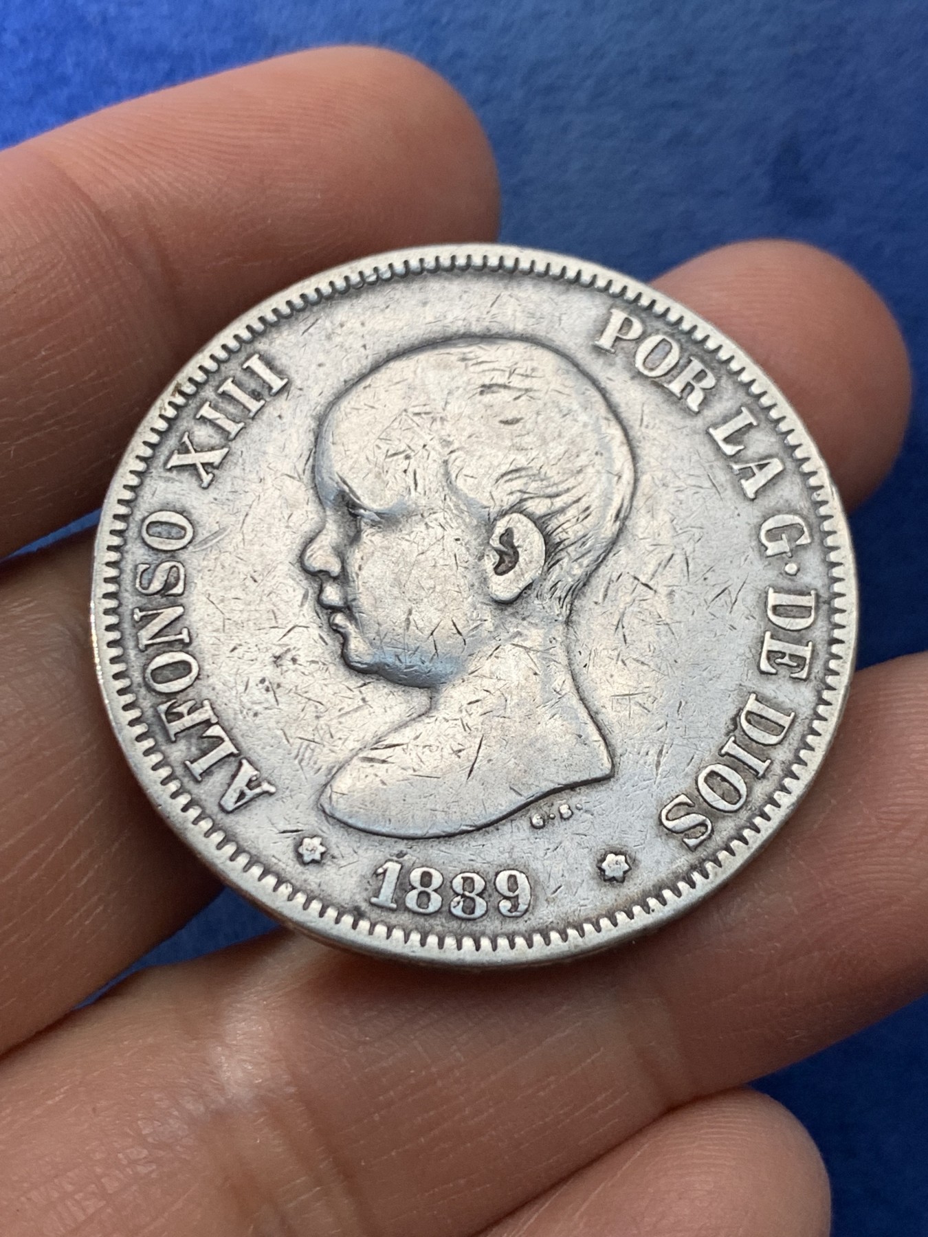 《竞宝斋》第225场-周日，周一，周二 3场 (全场包邮) 西班牙1889年阿方索十三世5比塞塔银币