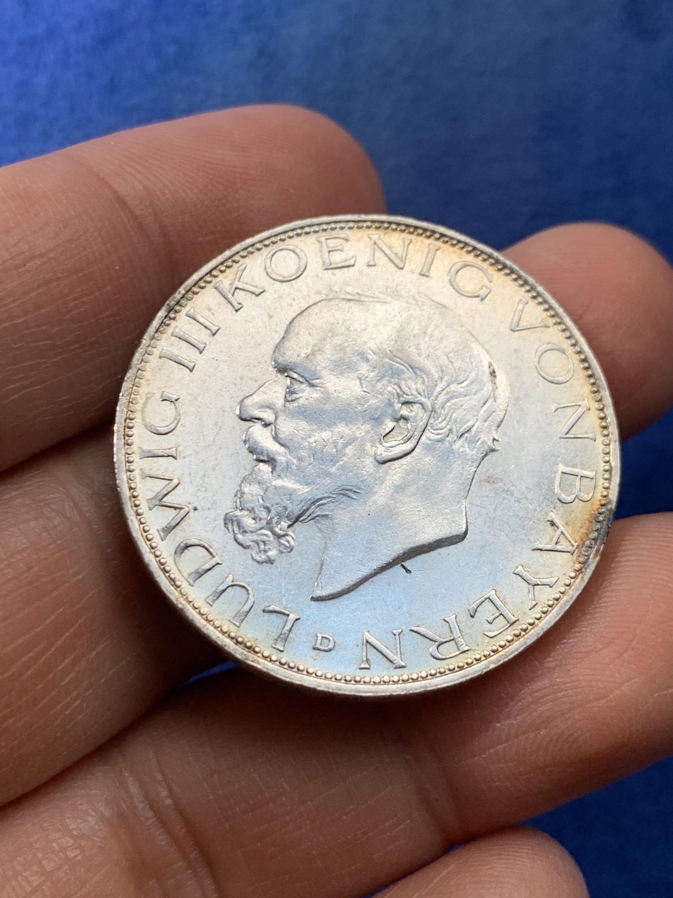 《竞宝斋》第225场-周日，周一，周二 3场 (全场包邮) 德国巴伐利亚路德维希三世3马克银币，原光状态，发行量71.7万枚