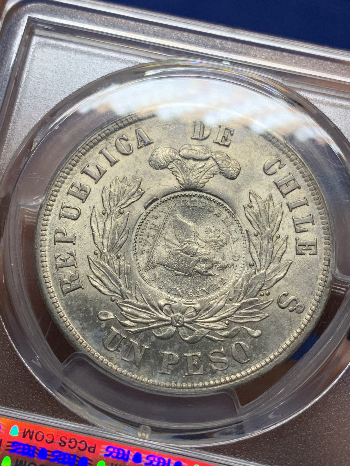 《竞宝斋》第225场-周日，周一，周二 3场 (全场包邮) 冠军分 PCGS-MS62 危地马拉 1894年 加盖 智利比索 热门加盖品种 多为清洗 MS有分较少 光度也非常好 加盖秘鲁常见，智利的少之又少