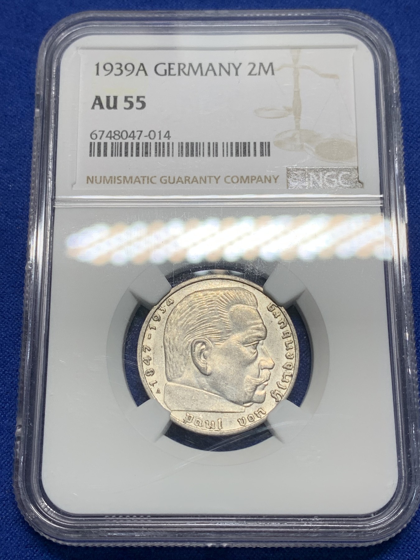 《竞宝斋》第225场-周日，周一，周二 3场 (全场包邮) NGC AU55 德国1939年A厂兴登堡2马克银币