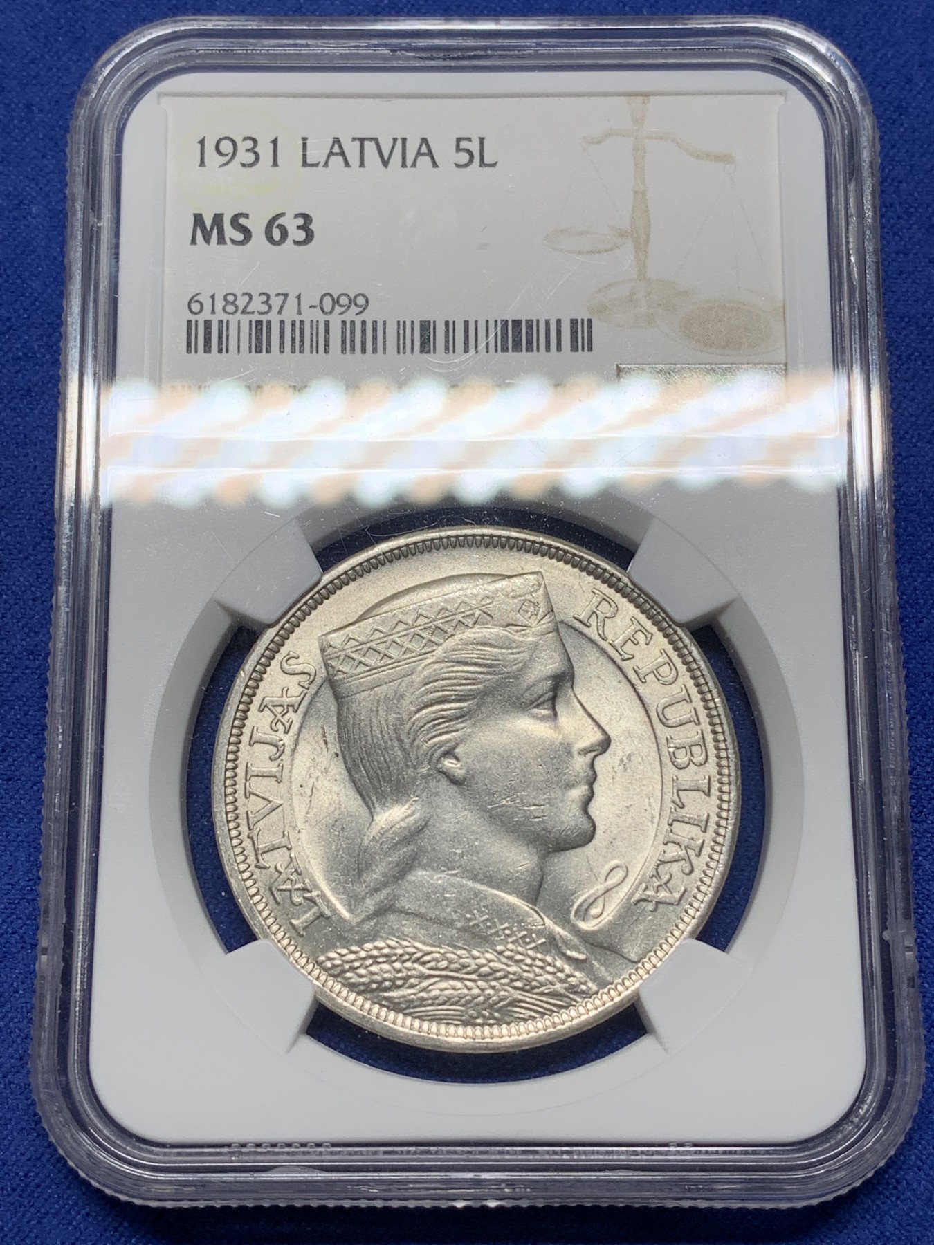 《竞宝斋》第225场-周日，周一，周二 3场 (全场包邮) NGC MS63 拉脱维亚 1931年谷物女神5拉特大银币