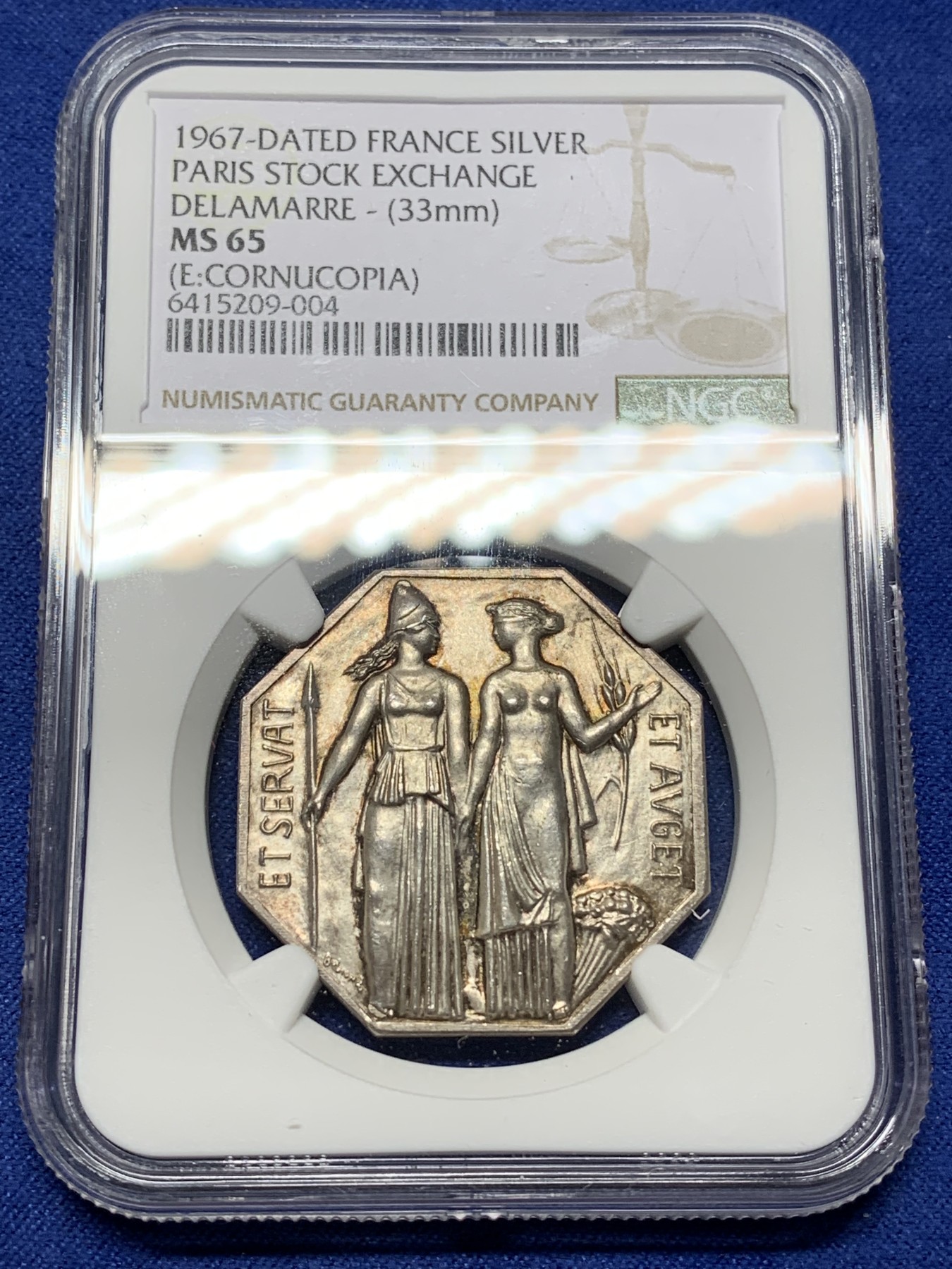 《竞宝斋》第225场-周日，周一，周二 3场 (全场包邮) NGC MS65 法国1967巴黎证券交易所八角银质代币 收藏级分数！