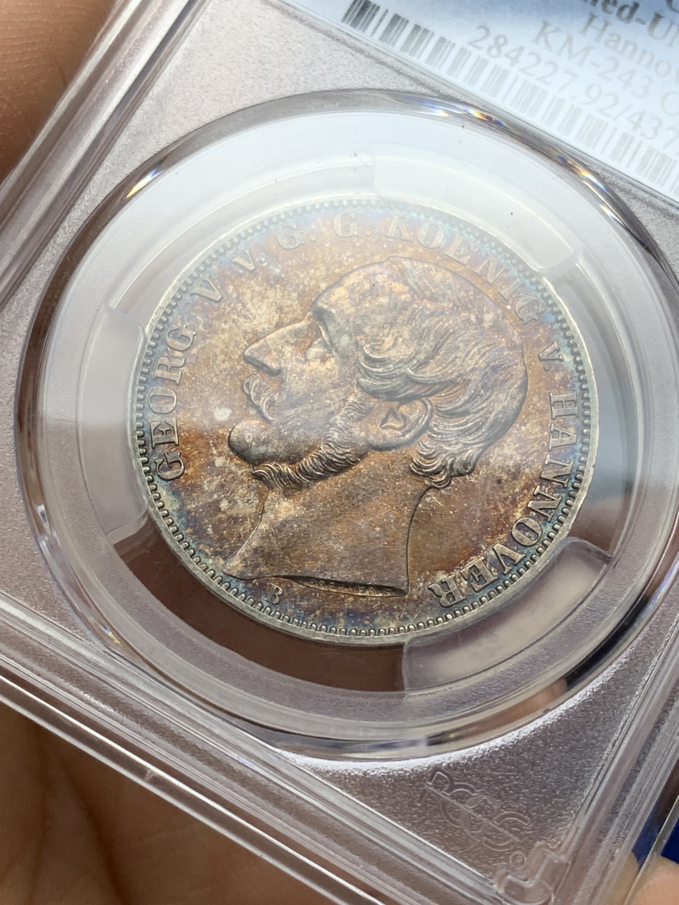 《竞宝斋》第225场-周日，周一，周二 3场 (全场包邮) NGC UNC 德国 1865年 汉诺威 名誉品 橡树泰勒  五彩包浆 实为难得 状态好 性价比高 除去没分没啥缺点