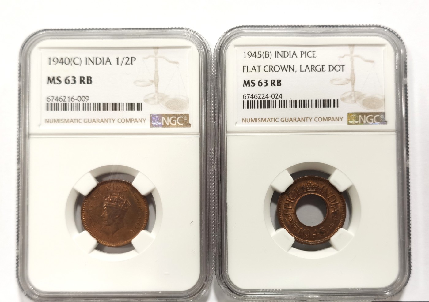 博洋堂世界钱币拍卖第057期（全场包邮） NGC MS63RB 英属印度乔治六世1/2派沙、1派沙铜币2枚一对