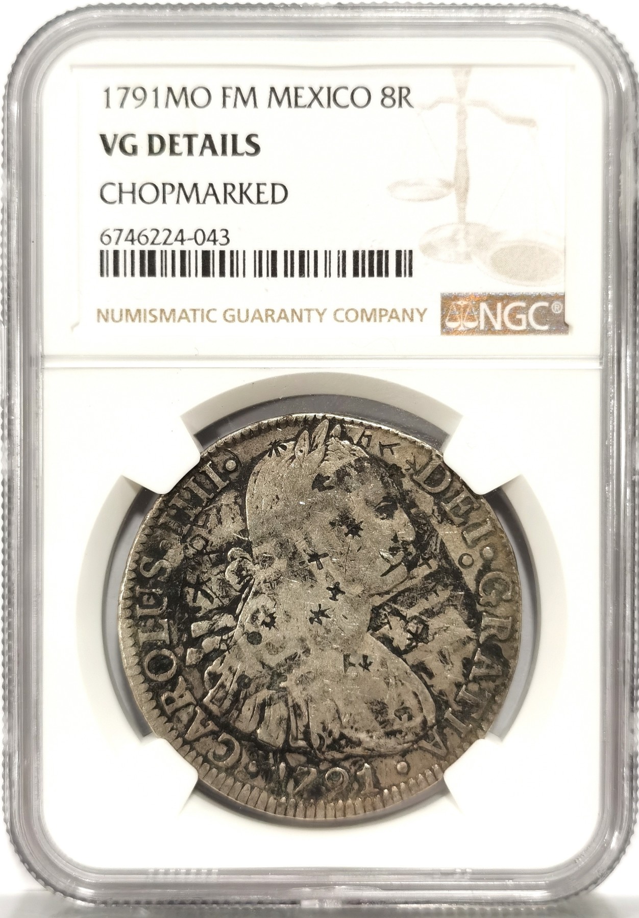 博洋堂世界钱币拍卖第057期（全场包邮） NGC VG 西属墨西哥1791年MO FM卡洛斯四世双柱银币，原味墨戳叠加硬戳