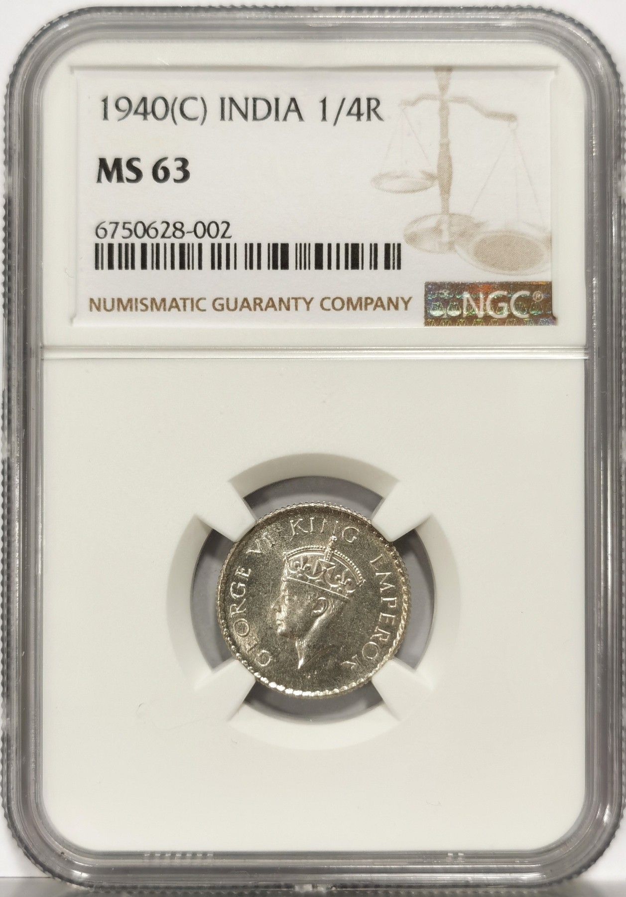 博洋堂世界钱币拍卖第057期（全场包邮） NGC MS63 英属印度1940年C版乔治六世1/4卢比银币