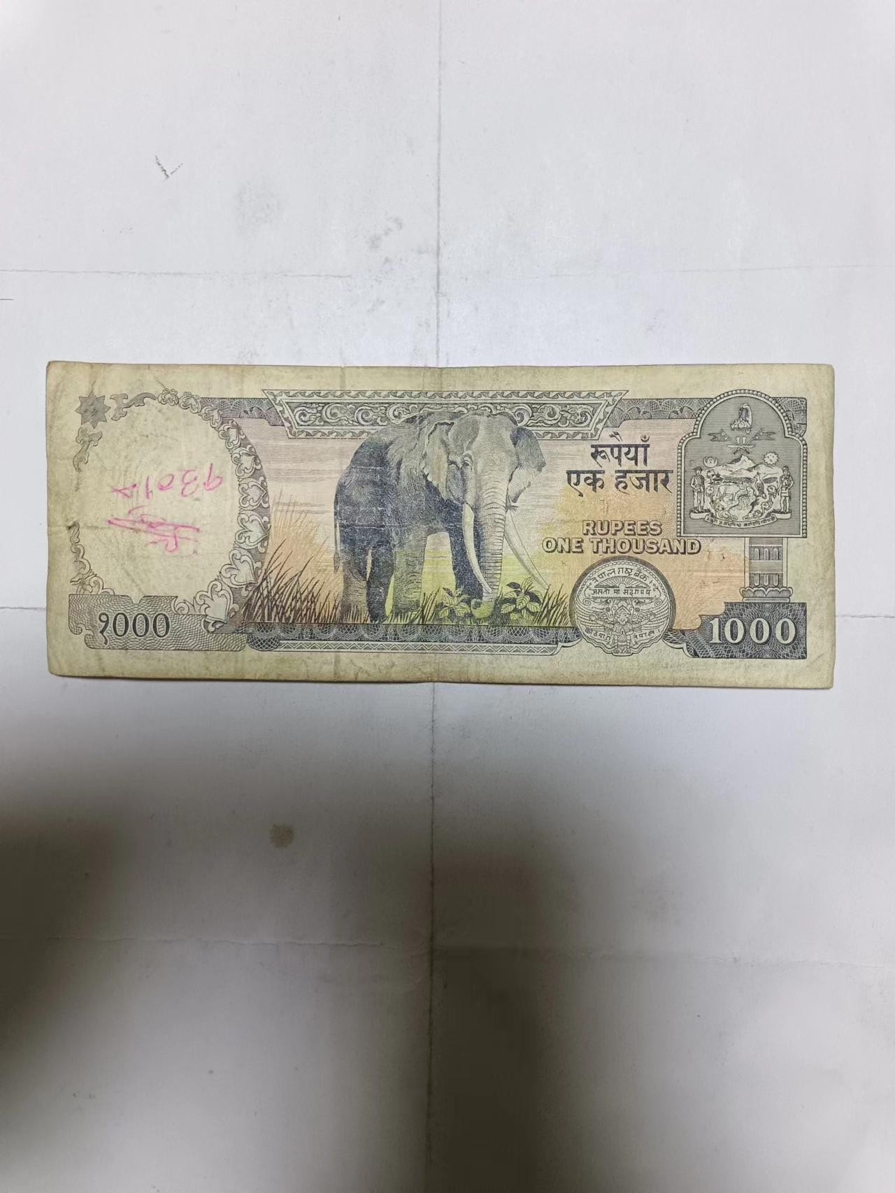 【20231221】非全新纸币第100场 尼泊尔1000卢比，有字迹
