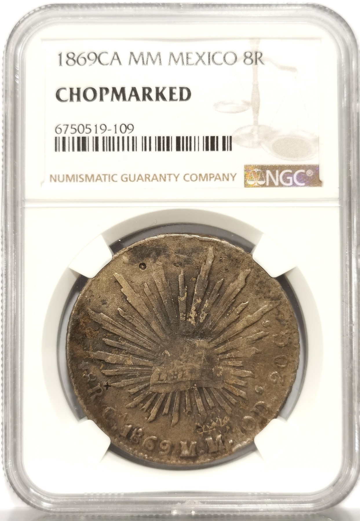 博洋堂世界钱币拍卖第057期（全场包邮） NGC Chopmarked 墨西哥1869年CA MM版花边鹰洋，六级至七级