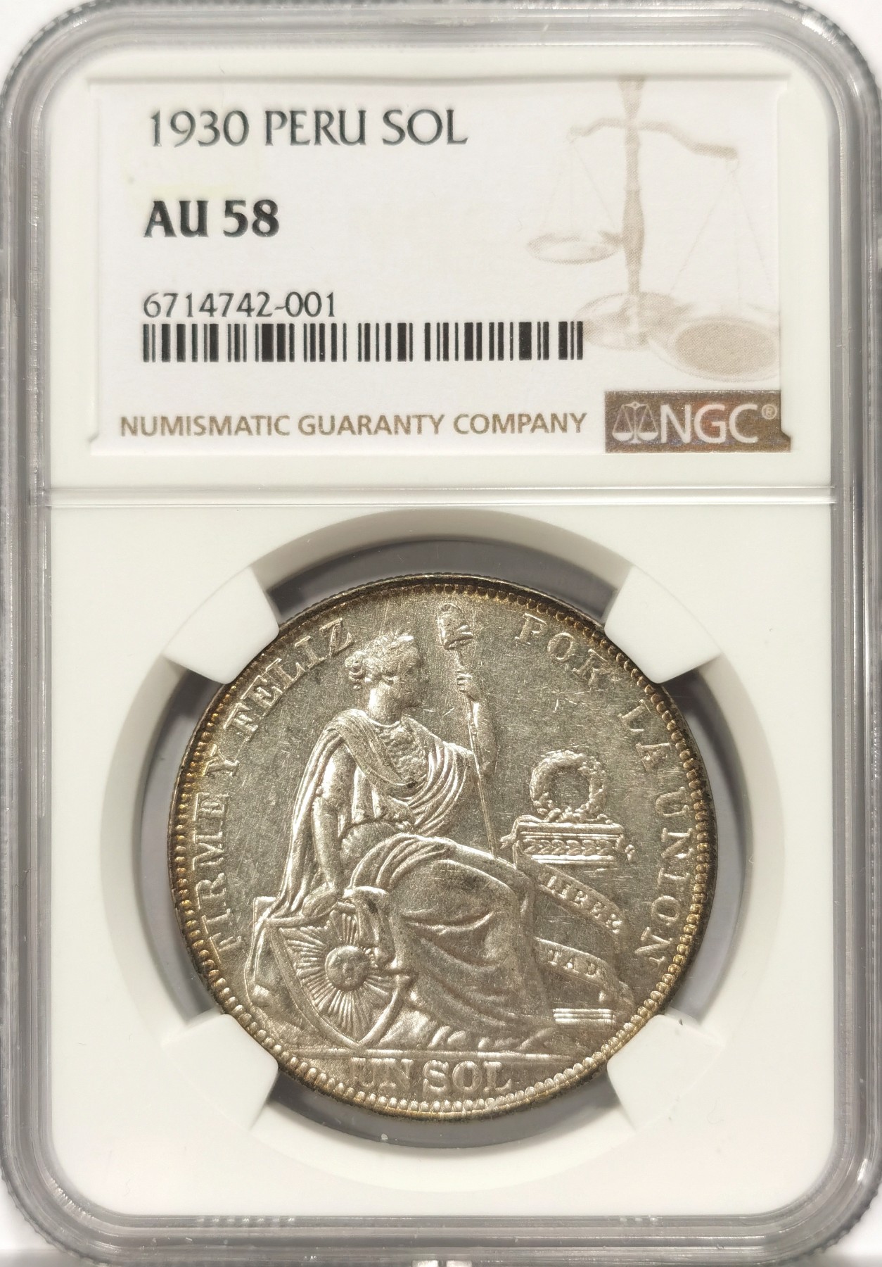 博洋堂世界钱币拍卖第057期（全场包邮） NGC AU58 秘鲁1930年一索尔银币，少见年份，发行量仅76000枚。