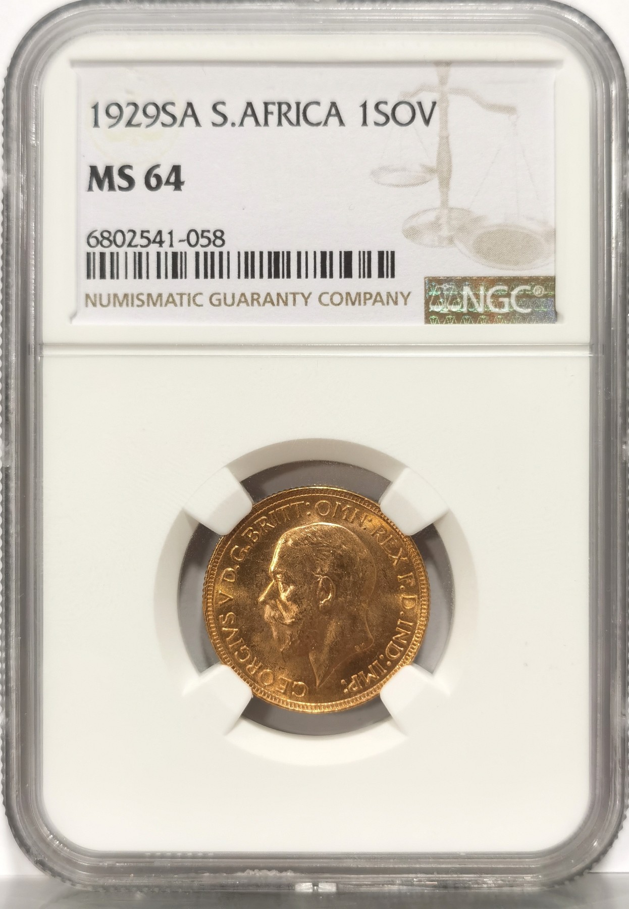 博洋堂世界钱币拍卖第057期（全场包邮） NGC MS64 英属南非1929年乔治五世1索维林金币，高分收藏级