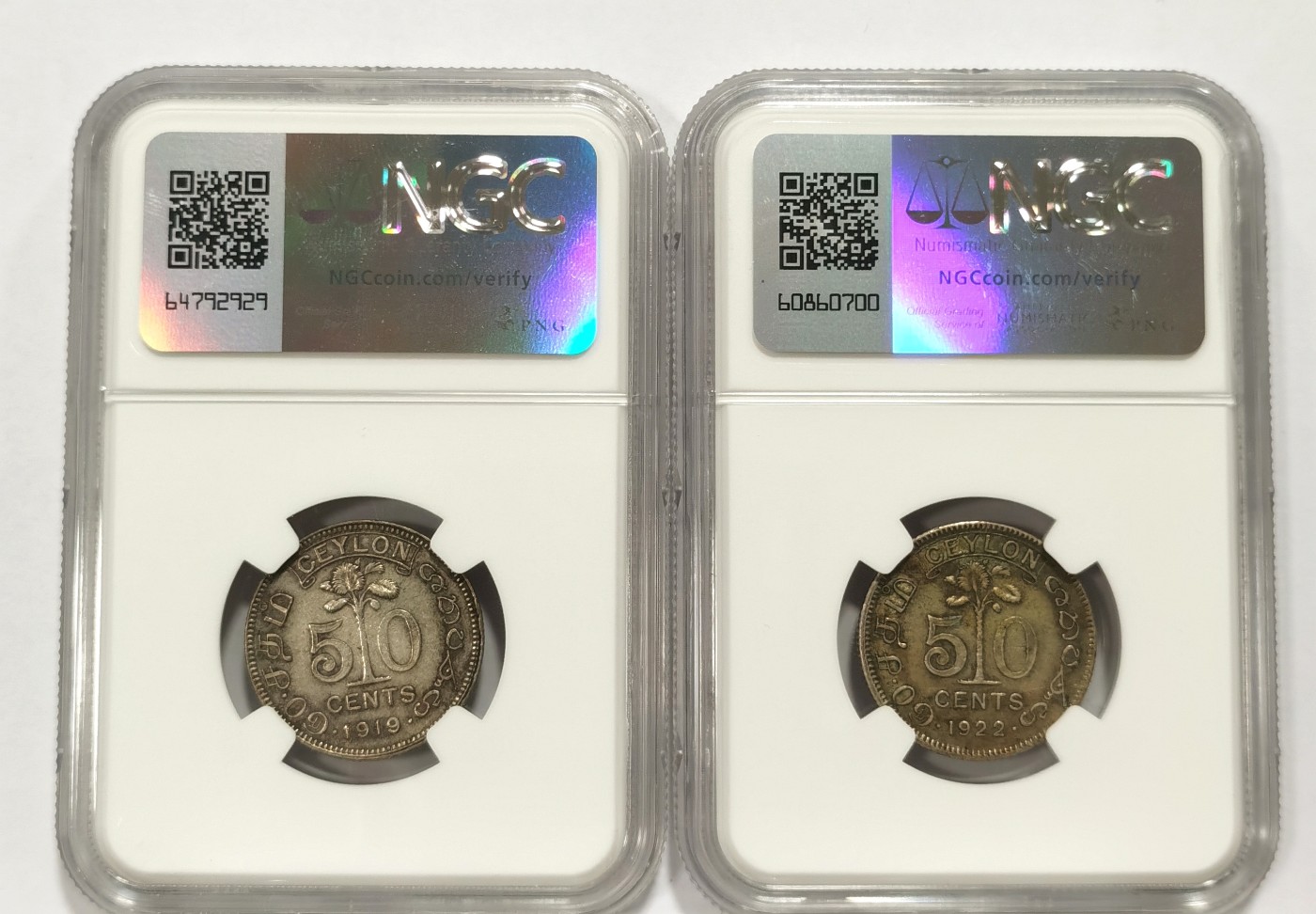 博洋堂世界钱币拍卖第057期（全场包邮） NGC XF45 英属锡兰1919/22年乔治五世50分二枚一组