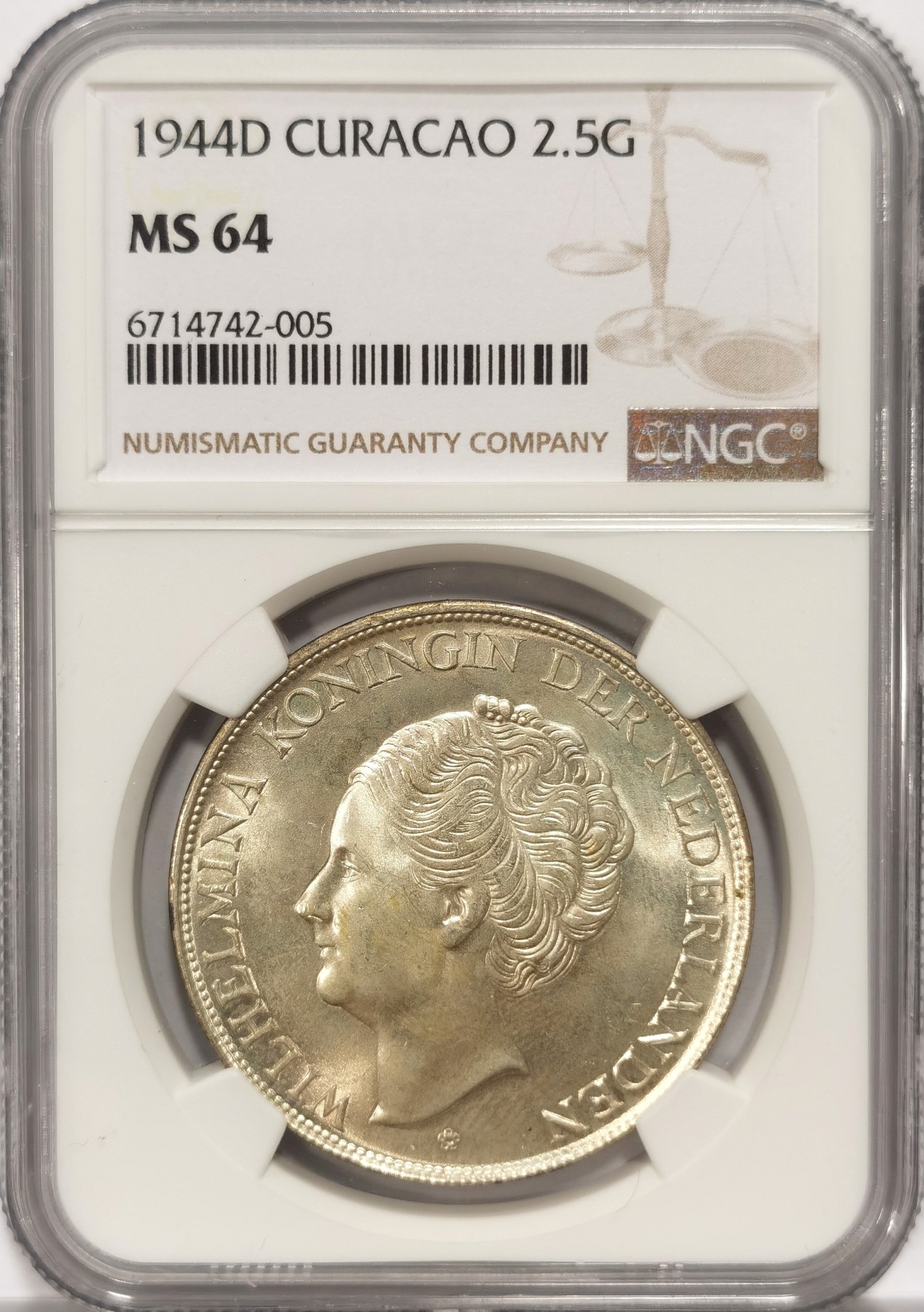 博洋堂世界钱币拍卖第057期（全场包邮） NGC MS64 1944年荷属库拉索2.5盾大银币，丹佛厂代铸，黄油转光，打制上佳。
