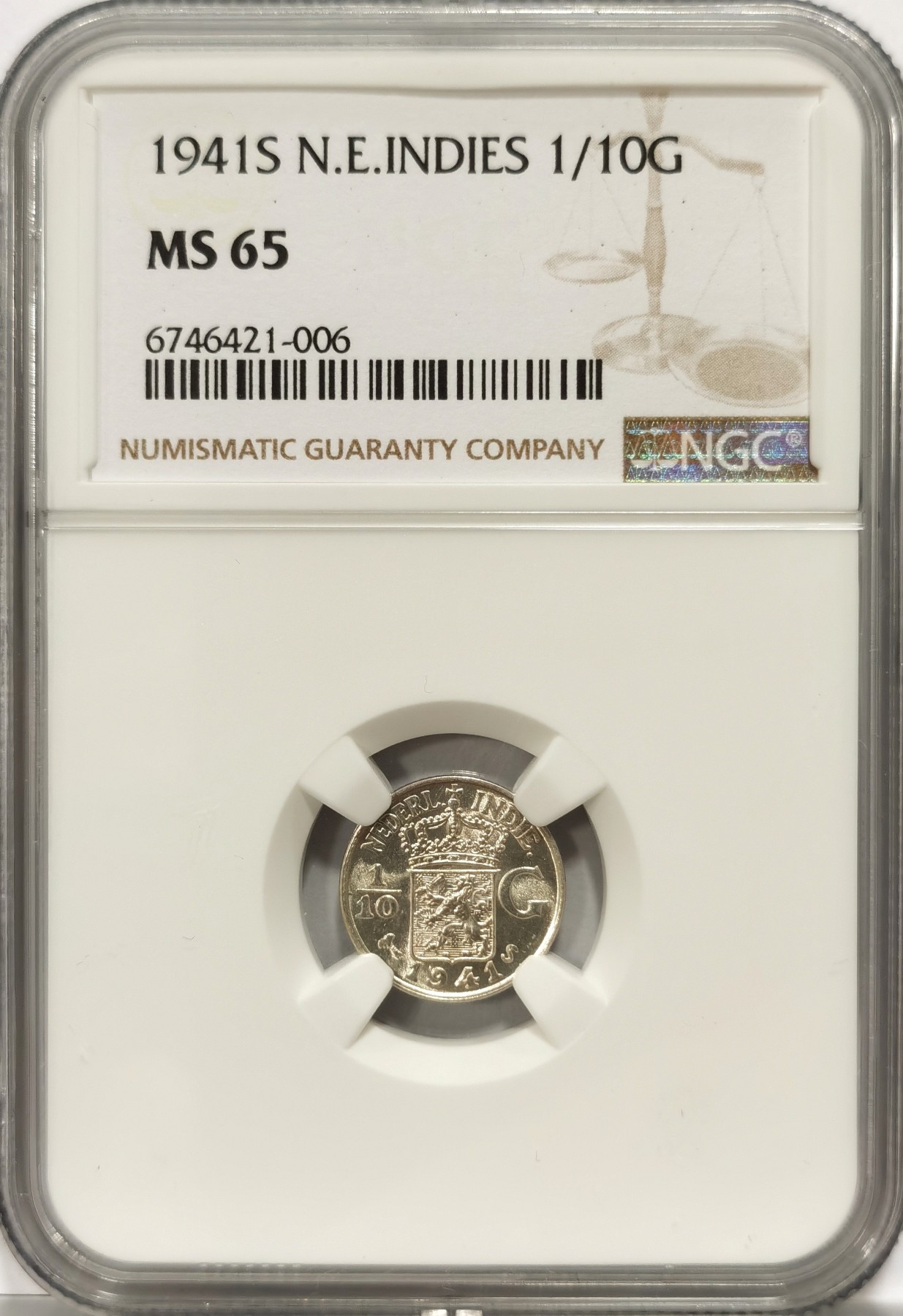 博洋堂世界钱币拍卖第057期（全场包邮） NGC MS65 荷属东印度1941年1/10G银币，原卷高分