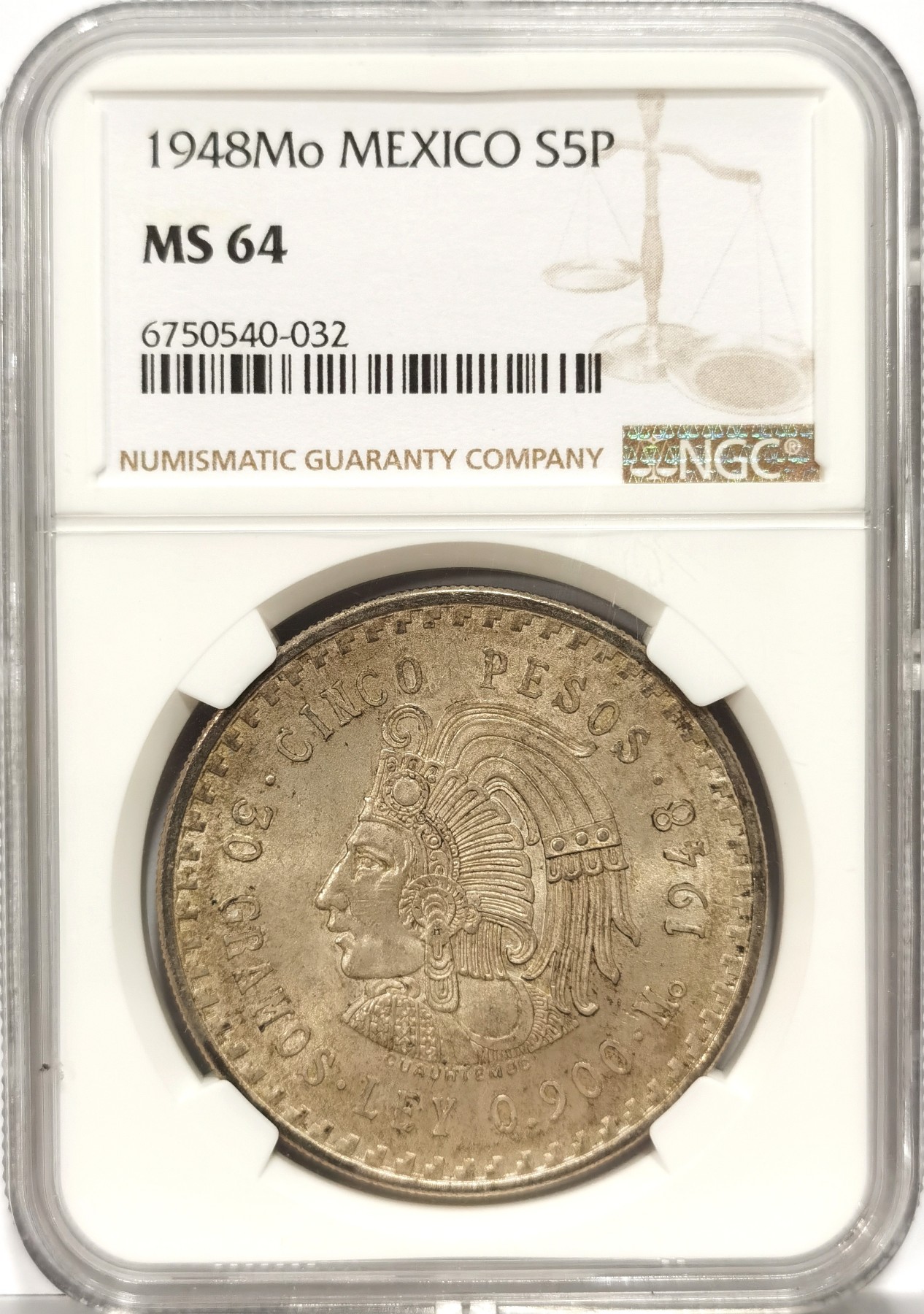 博洋堂世界钱币拍卖第057期（全场包邮） NGC MS64 墨西哥1948年玛雅人5比索大银币