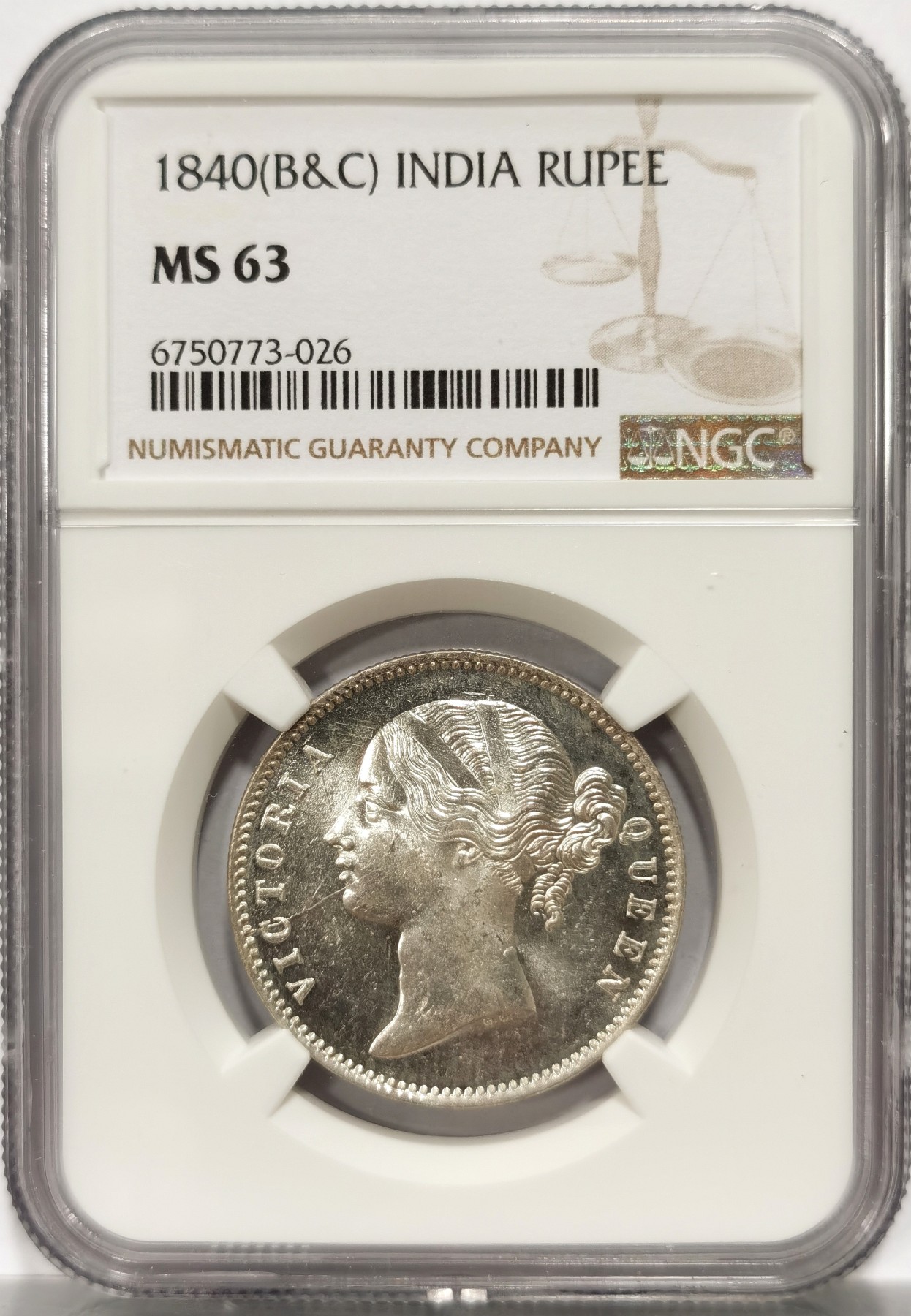 博洋堂世界钱币拍卖第057期（全场包邮） NGC MS63 英属东印度公司1840年B&C版维多利亚1卢比银币，双辫版2