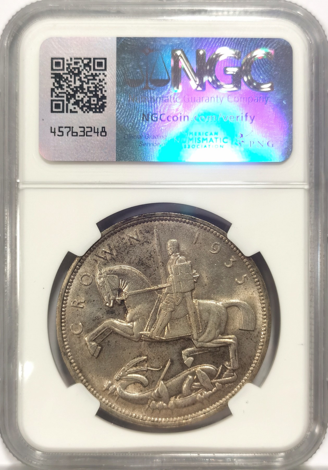 博洋堂世界钱币拍卖第057期（全场包邮） NGC MS64 英国1935年乔治五世木马剑大银币，五彩转光，底板洁净。