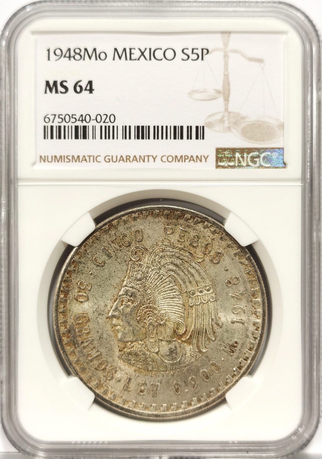 博洋堂世界钱币拍卖第057期（全场包邮） NGC MS64 墨西哥1948年玛雅人5比索大银币