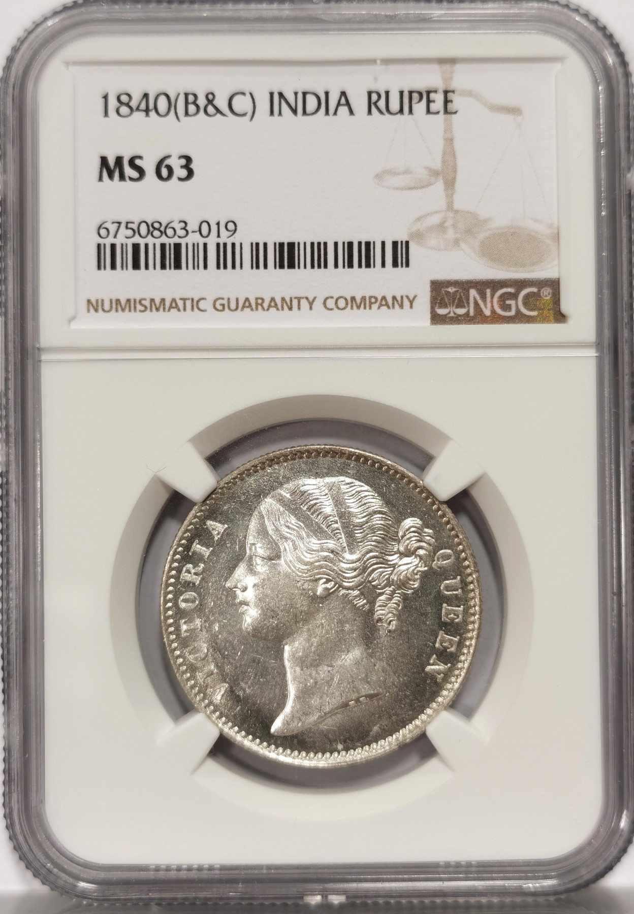 博洋堂世界钱币拍卖第057期（全场包邮） NGC MS63 英属东印度公司1840年B&C版维多利亚1卢比银币，双辫版1