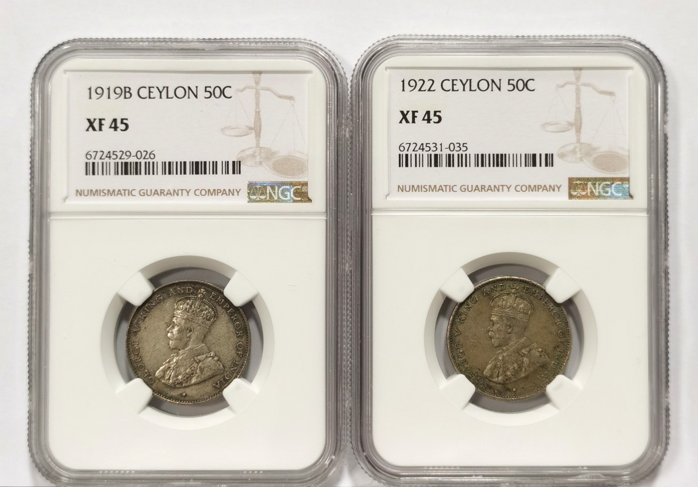 博洋堂世界钱币拍卖第057期（全场包邮） NGC XF45 英属锡兰1919/22年乔治五世50分二枚一组