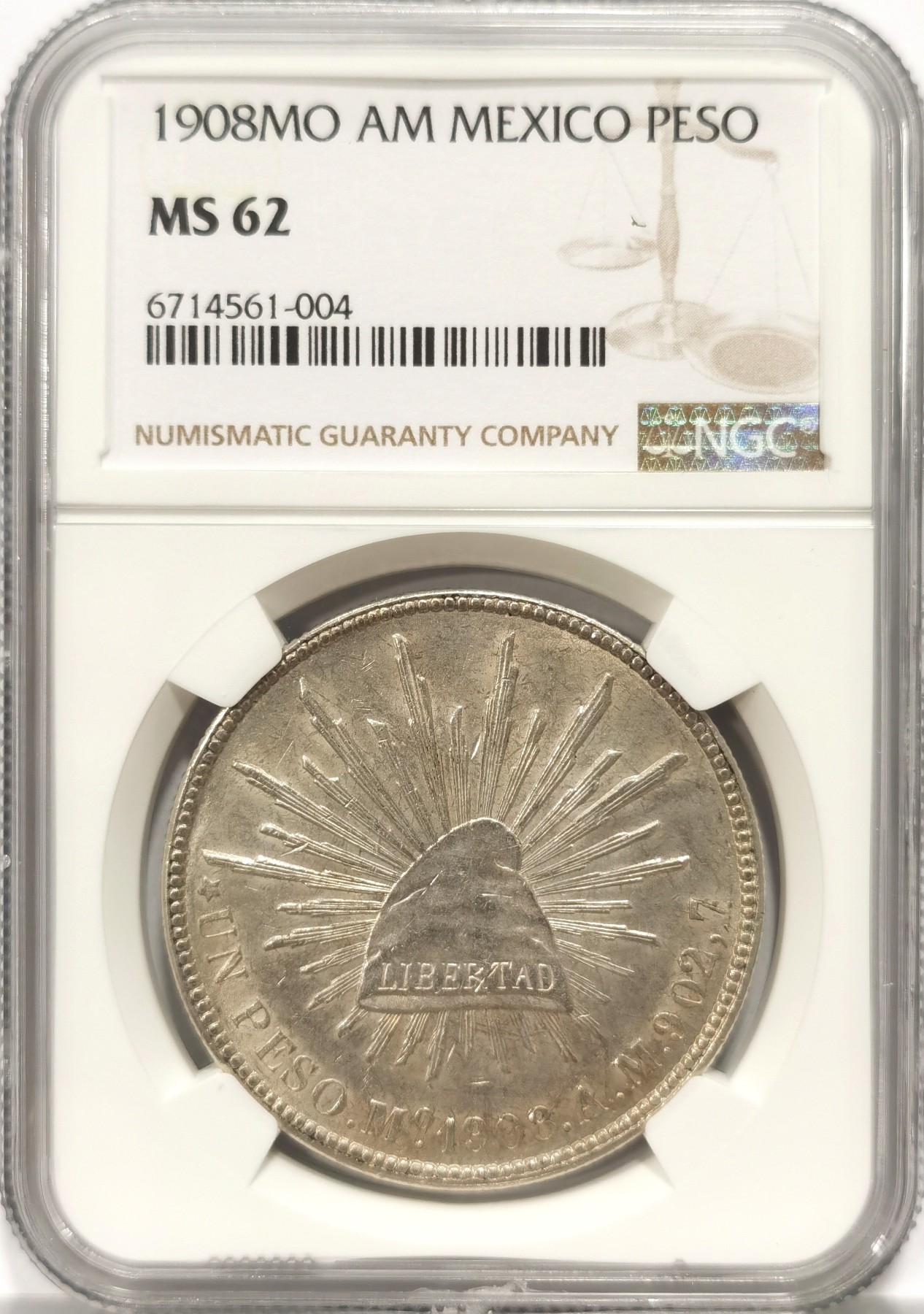 博洋堂世界钱币拍卖第057期（全场包邮） NGC MS62 墨西哥直边鹰洋MO1908 1比索 原铸直边价值低估 正是入手良机