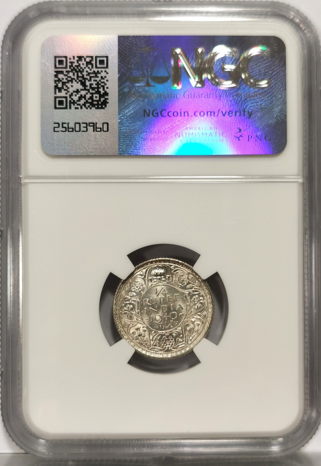 博洋堂世界钱币拍卖第057期（全场包邮） NGC MS63 英属印度1940年C版乔治六世1/4卢比银币