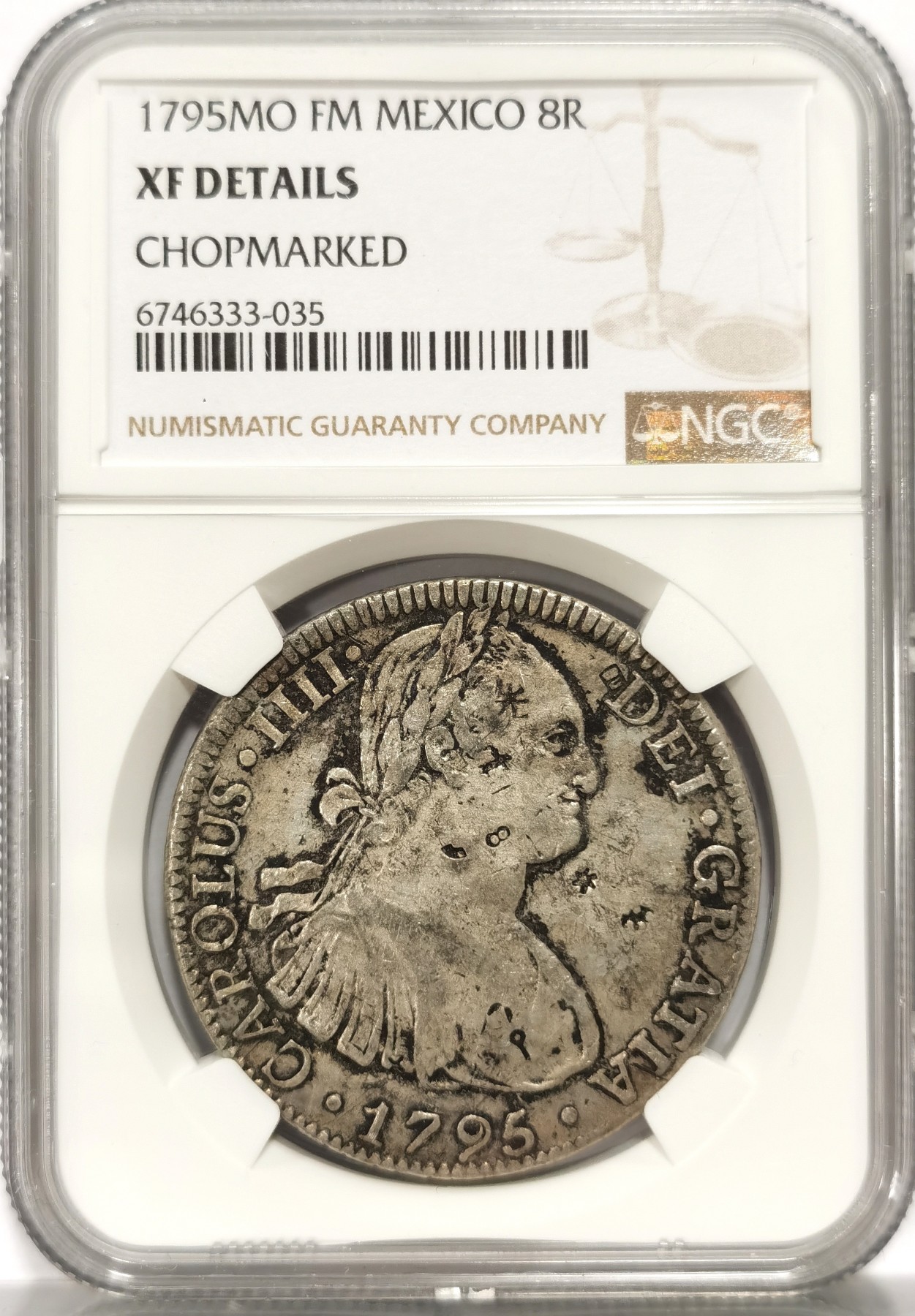 博洋堂世界钱币拍卖第057期（全场包邮） NGC XF 西属墨西哥1795年MO FM卡洛斯四世双柱银币，原味戳记