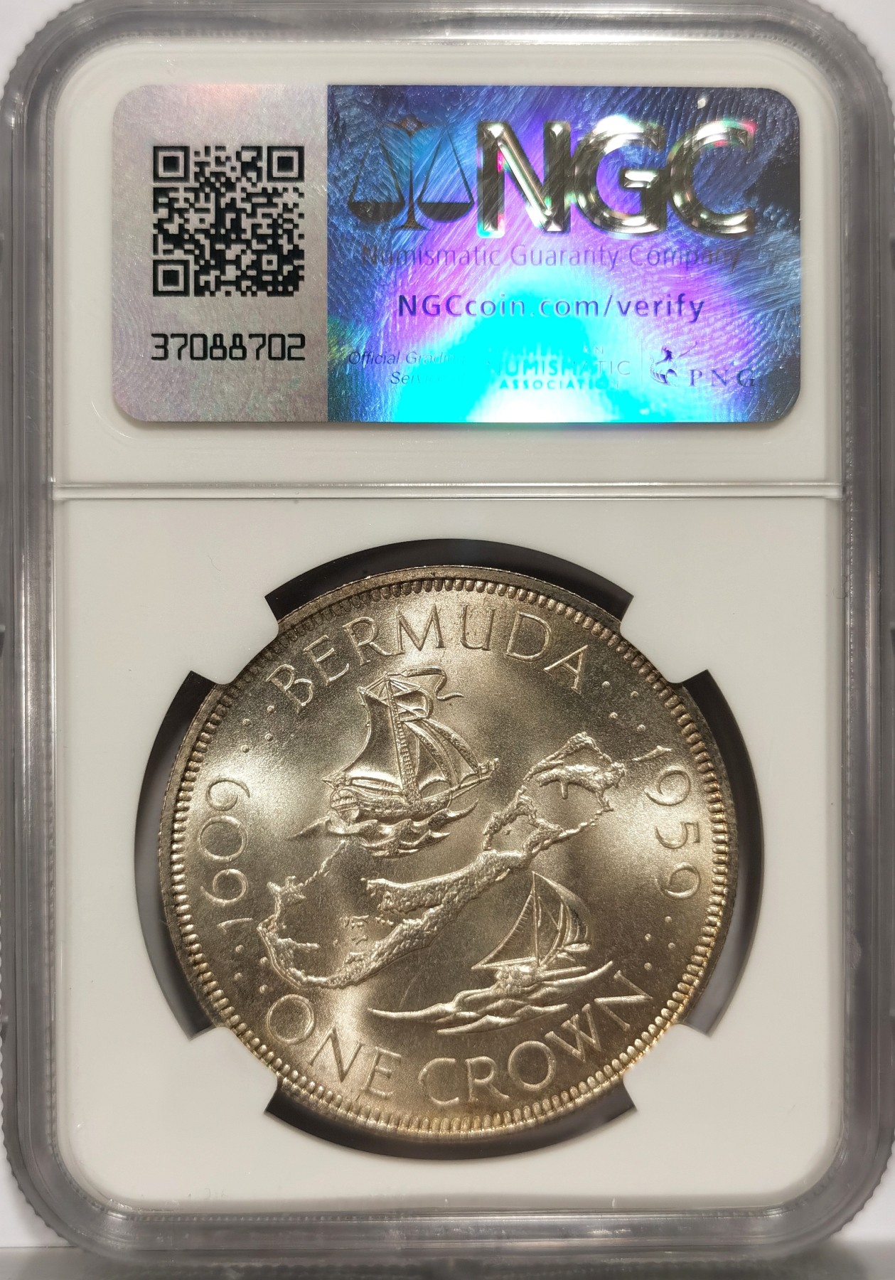 博洋堂世界钱币拍卖第057期（全场包邮） NGC MS65 英属百慕大1959年伊丽莎白二世1克朗银币，殖民地发现350周年纪念，收藏级分数
