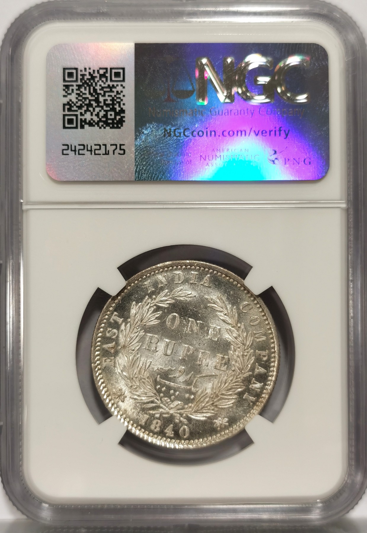 博洋堂世界钱币拍卖第057期（全场包邮） NGC MS63 英属东印度公司1840年B&C版维多利亚1卢比银币，双辫版1