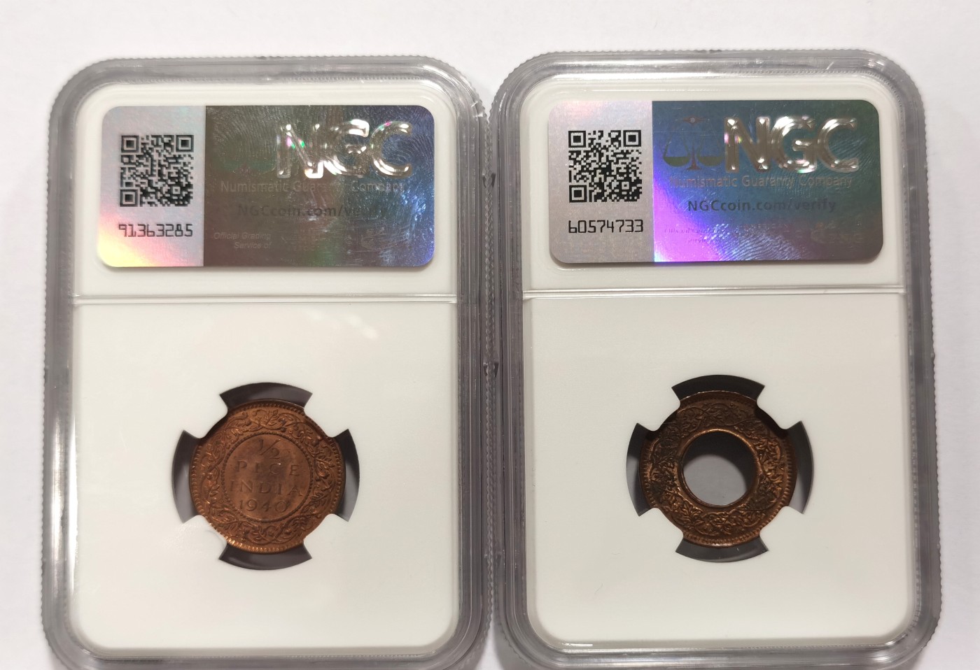 博洋堂世界钱币拍卖第057期（全场包邮） NGC MS63RB 英属印度乔治六世1/2派沙、1派沙铜币2枚一对