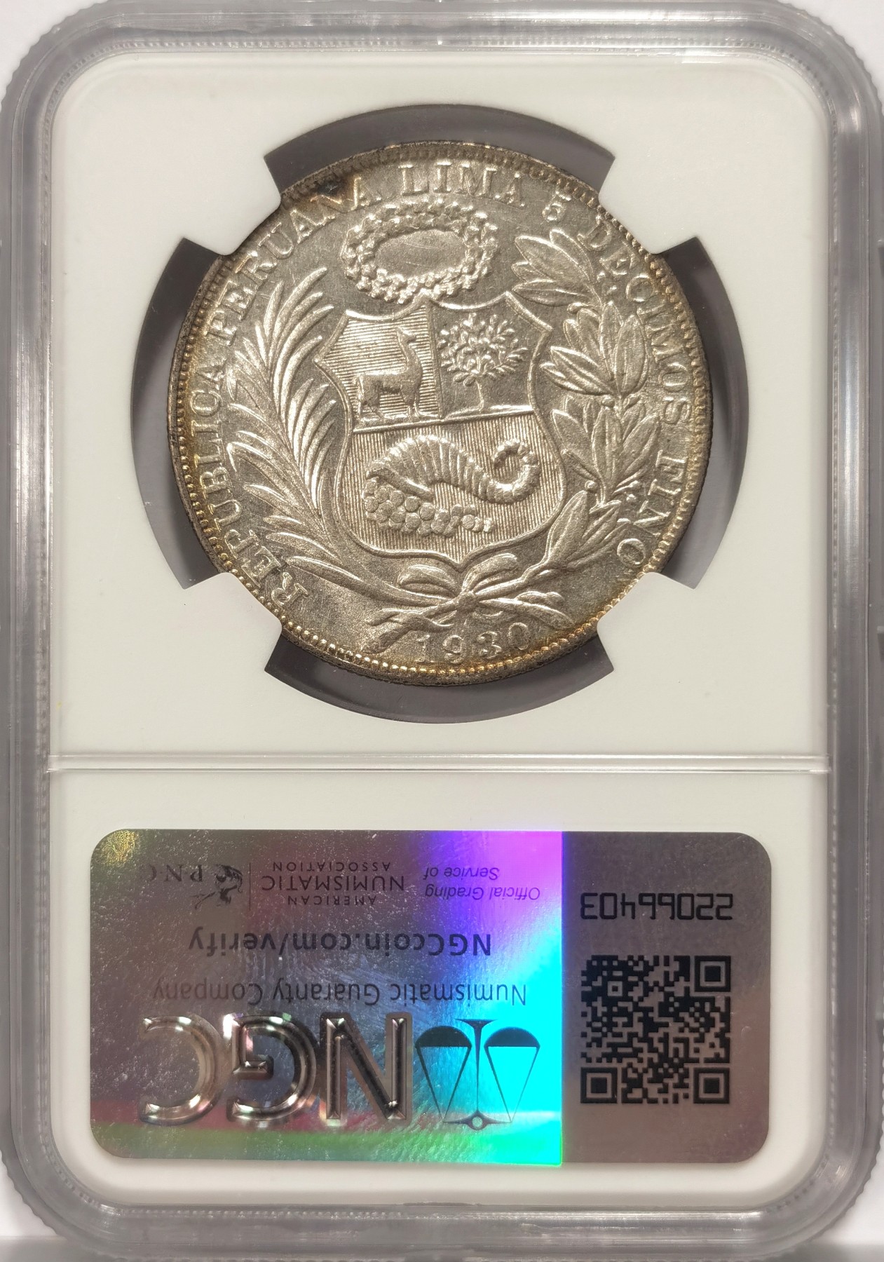 博洋堂世界钱币拍卖第057期（全场包邮） NGC AU58 秘鲁1930年一索尔银币，少见年份，发行量仅76000枚。
