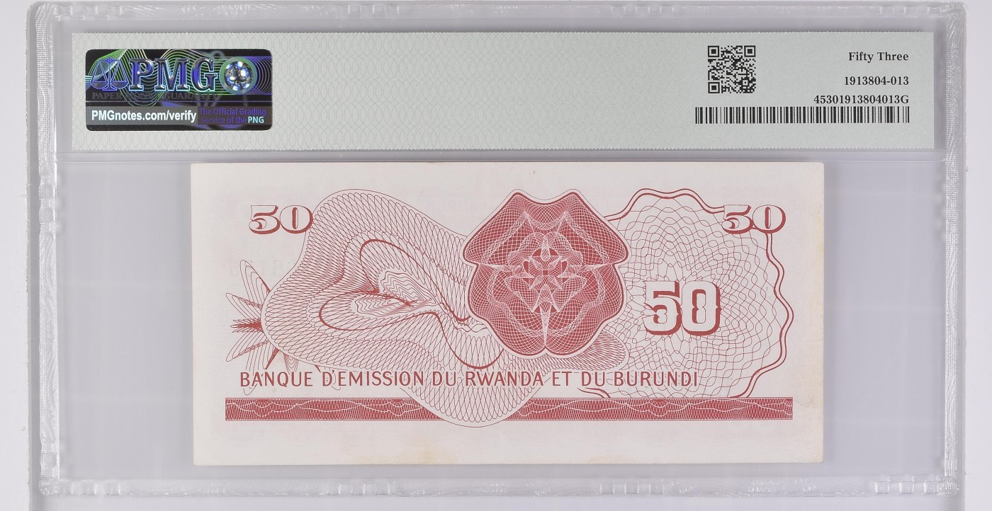🌗乐淘淘世界纸币拍卖精品场 第35期🌓 【E208186】卢旺达-布隆迪1960年纸币 50法郎 无47 BWC出品 PMG53
