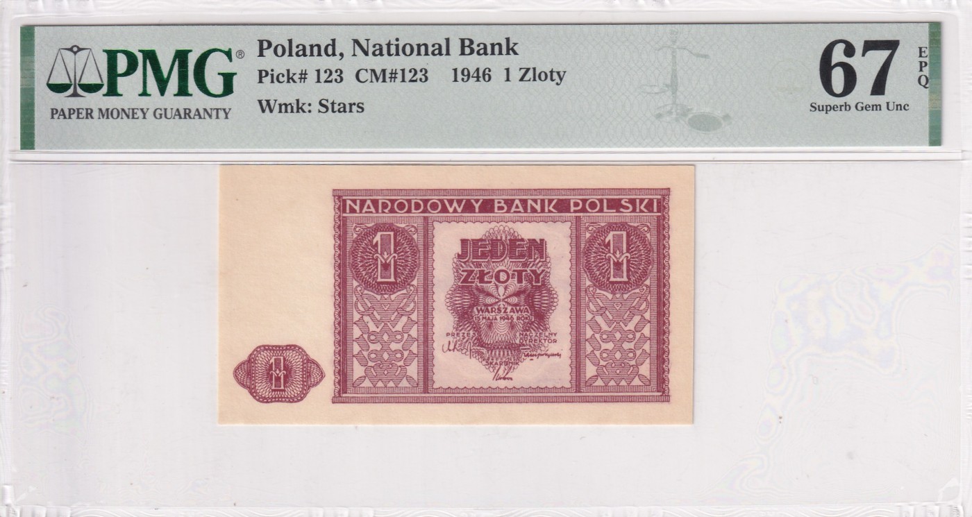 🌗乐淘淘世界纸币拍卖精品场 第35期🌓 波兰1946年纸币 1兹罗提 PMG67EPQ 高分