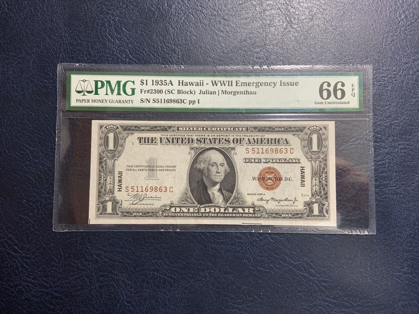 收藏联盟Quantum Auction 第312期拍卖  美国1935年1美元夏威夷券 PMG66 号码无47