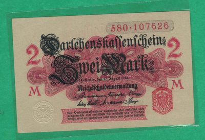 德国1914年2马克 签名如图 白色底 红印 红号 无4 欧洲纸币 实物图 UNC - 德国1914年2马克 签名如图 白色底 红印 红号 无4 欧洲纸币 实物图 UNC